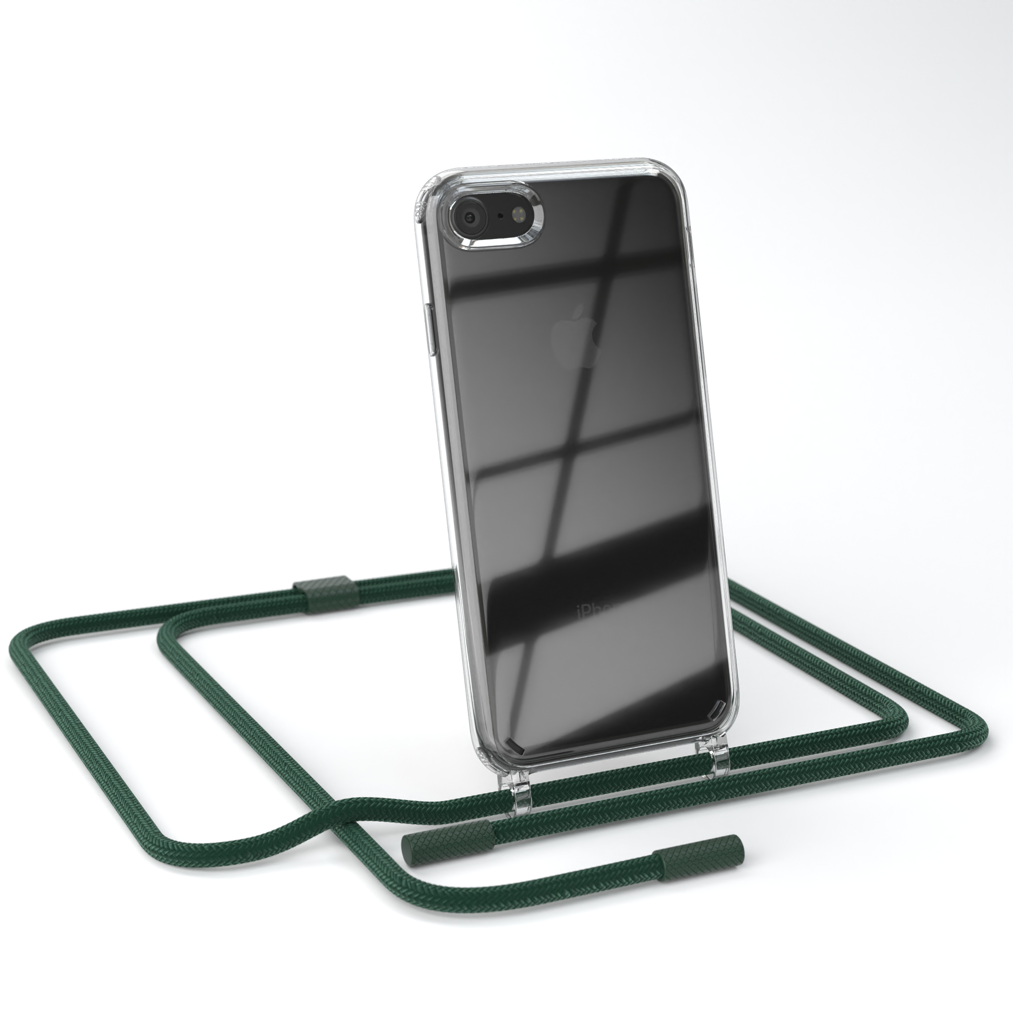Transparente iPhone-Hülle mit grünem Lanyard. Weißer Hintergrund.