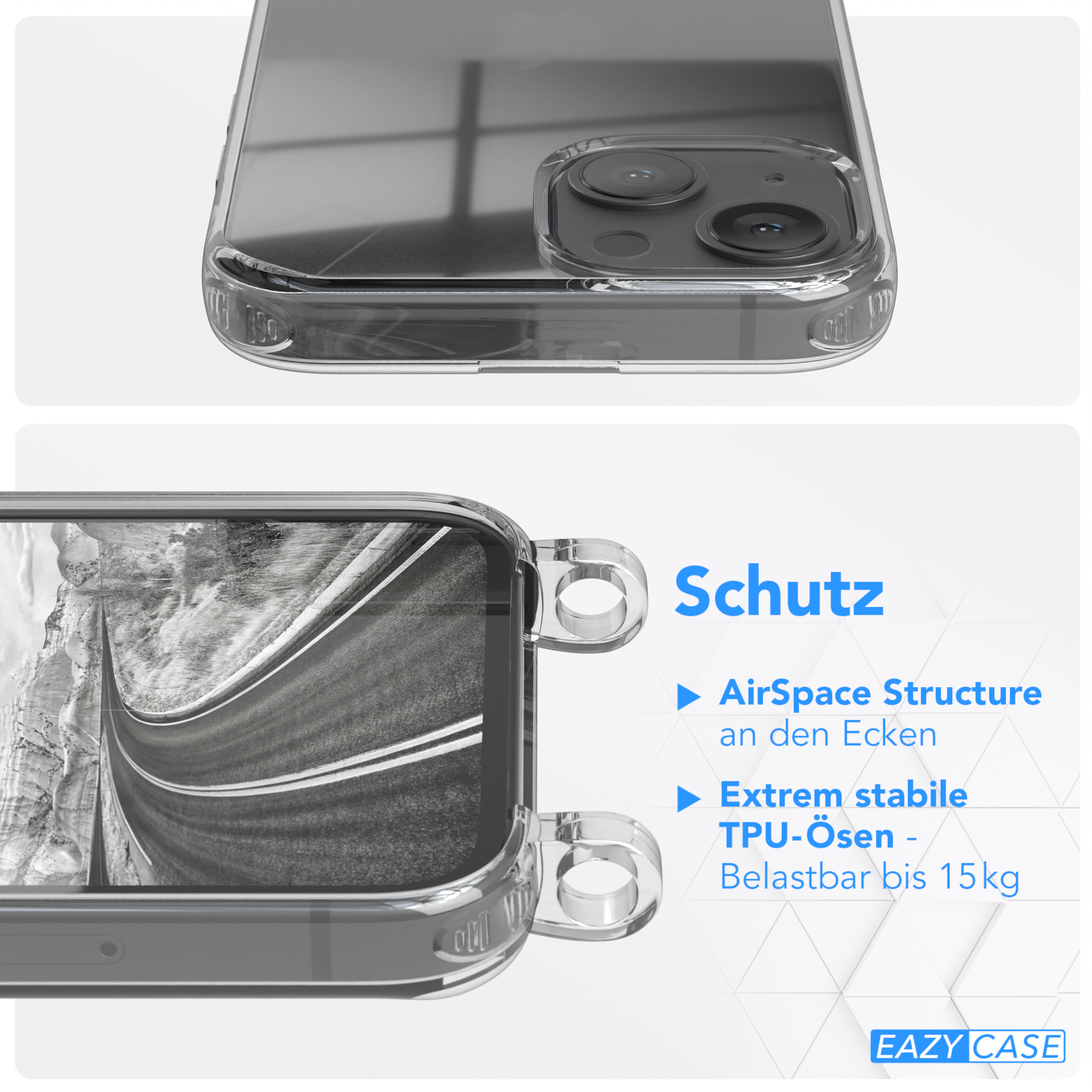 Transparente Handyhülle über Straßenbild. Text: AirSpace Structure, TPU-Ösen und EAZY CASE Logo.