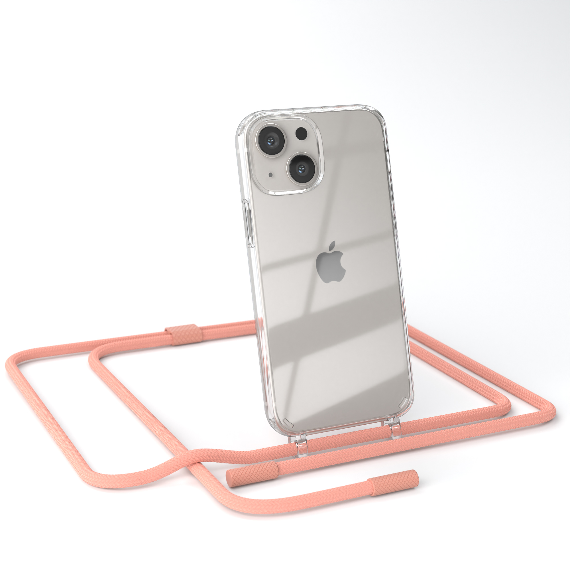 Transparente Handyhülle mit pfirsichfarbenem Umhängeband. Telefon hat Kameras. Weißer Hintergrund.