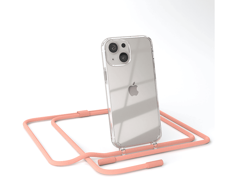 13 iPhone Kette EAZY Transparente Mini, mit Coral unifarbend, / runder Apple, Handyhülle Umhängetasche, CASE Altrosa