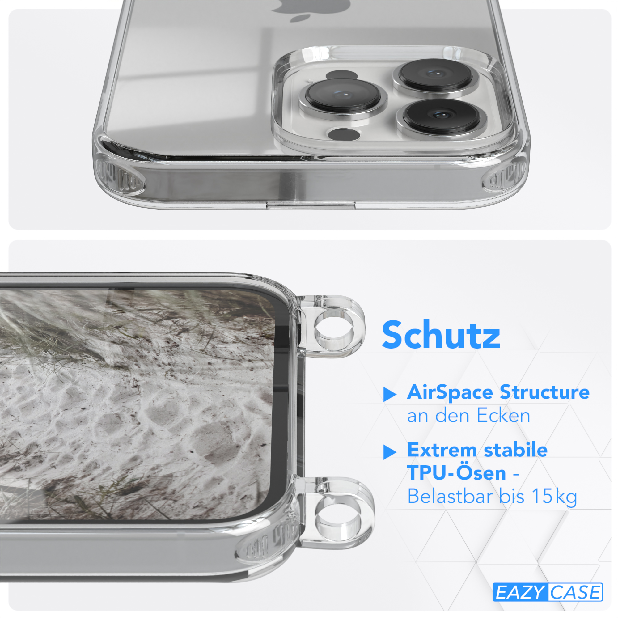 EAZY CASE Transparente Beige Kette Grau Apple, unifarbend, runder / 13 iPhone Pro, mit Umhängetasche, Taupe Handyhülle