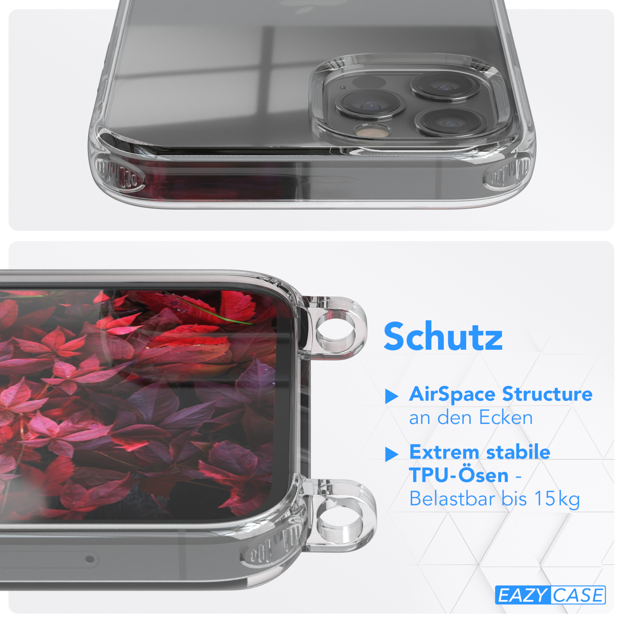 EAZY CASE Transparente Handyhülle Pro, / Beere Rot mit Bordeaux 12 unifarbend, Apple, Umhängetasche, runder iPhone / Kette 12
