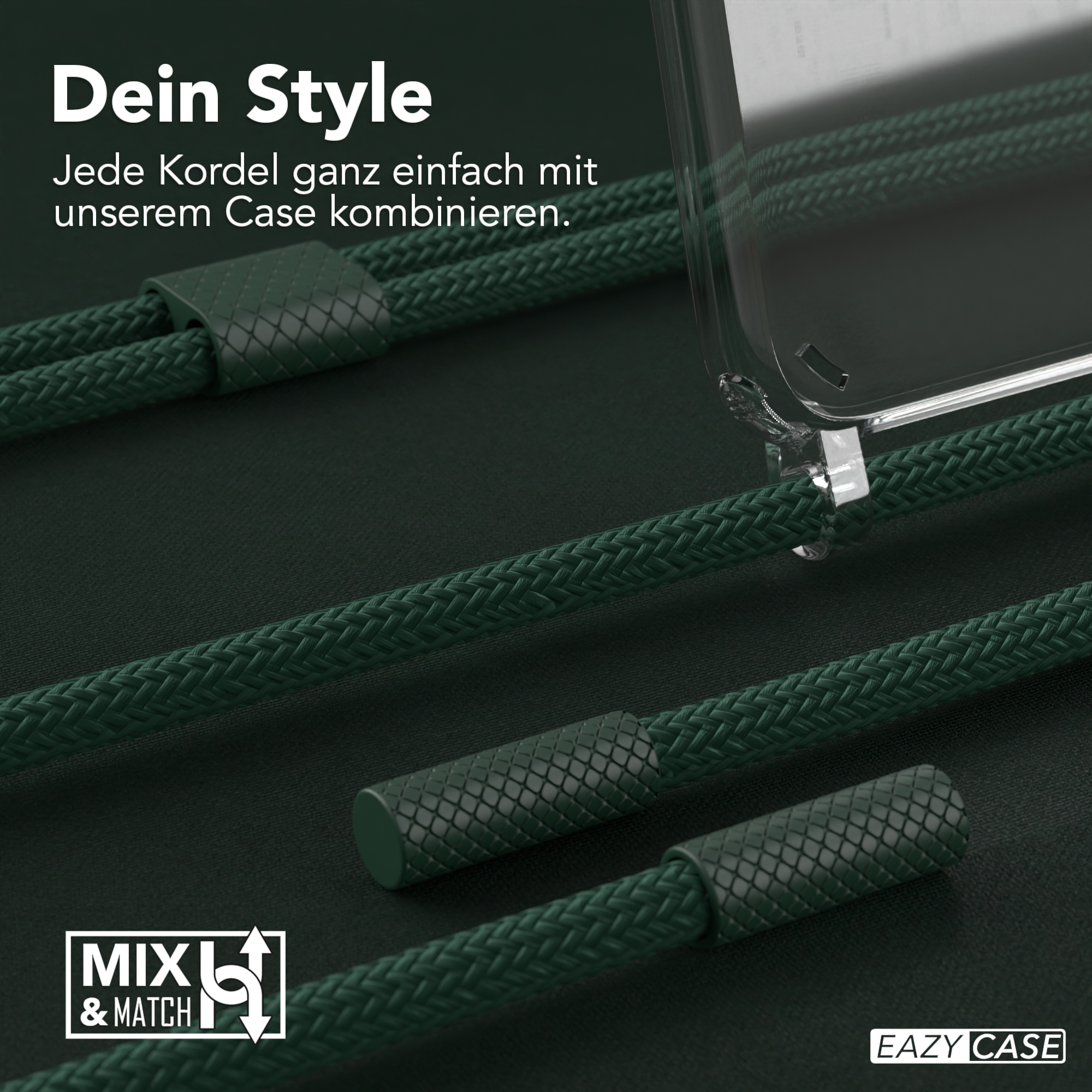 Grüne Handyhüllen-Kordeln mit einer transparenten Hülle. Text 'Dein Style' und 'MIX & MATCH'.