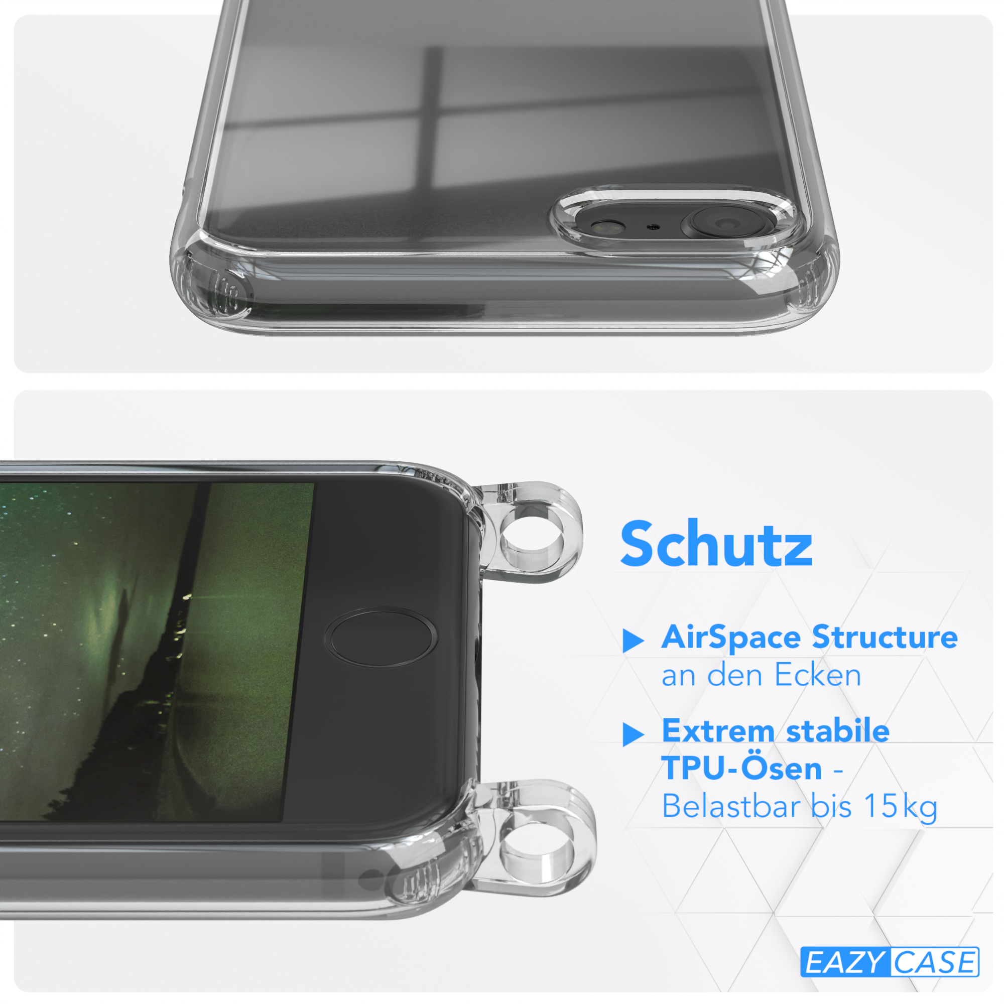 Eine transparente Handyhülle, die ihr Design zeigt, mit Nahaufnahmen von Merkmalen und Schutzelementen.