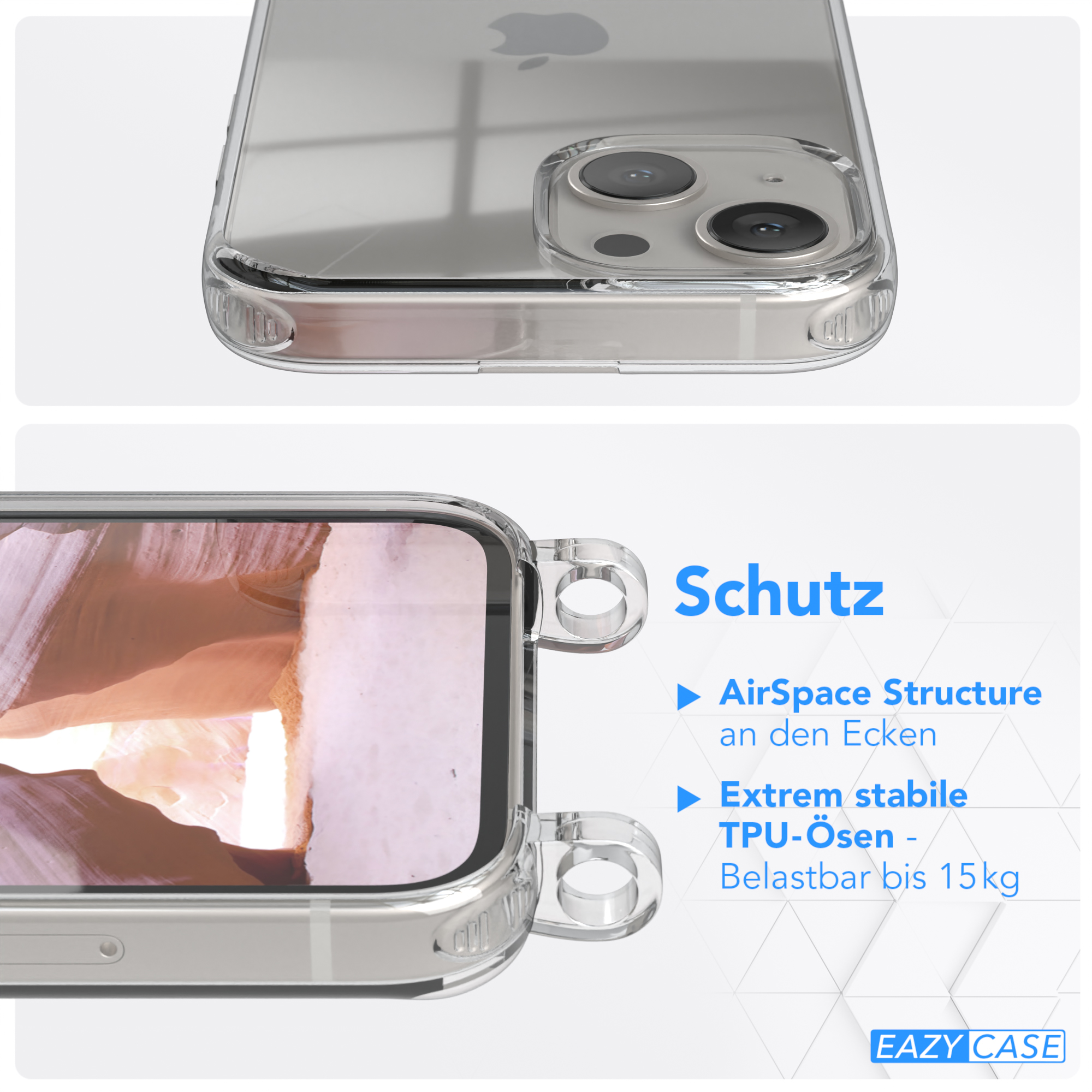 Transparente Handyhülle mit einem Telefon darin. Text: 'Schutz' und 'AirSpace Structure'. Eine Ansicht der Hülle.
