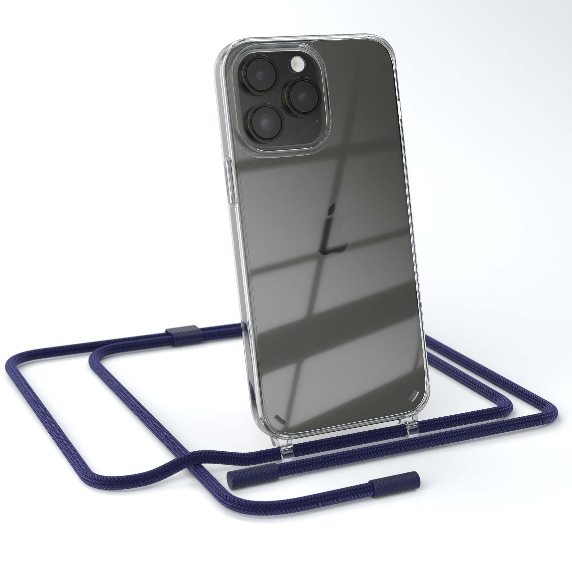 iPhone mit klarer Hülle und marineblauem Lanyard. Telefon ist zentriert. Weißer Hintergrund.