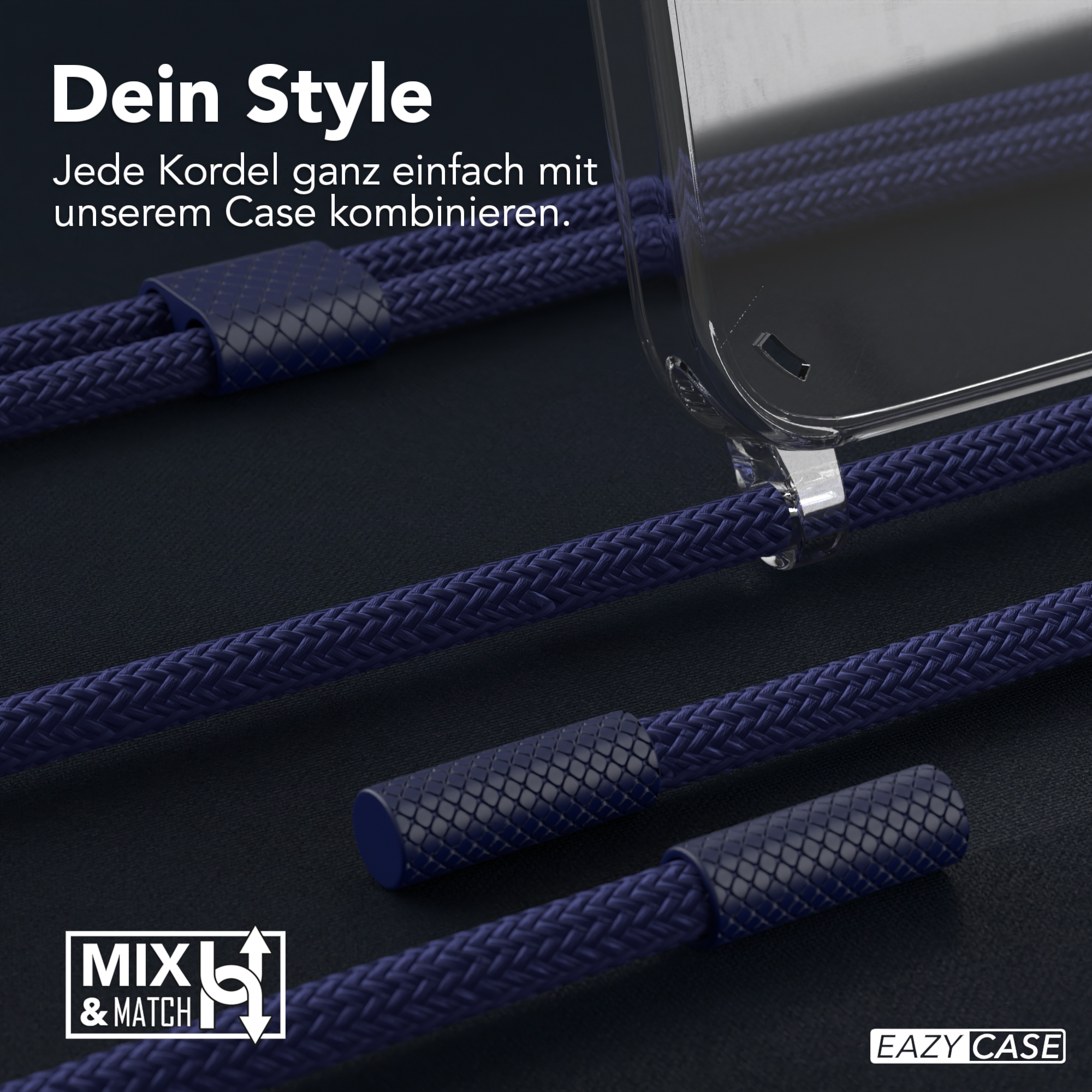 Blaue Telefonkordeln auf schwarzem Hintergrund mit Text 'Dein Style'.