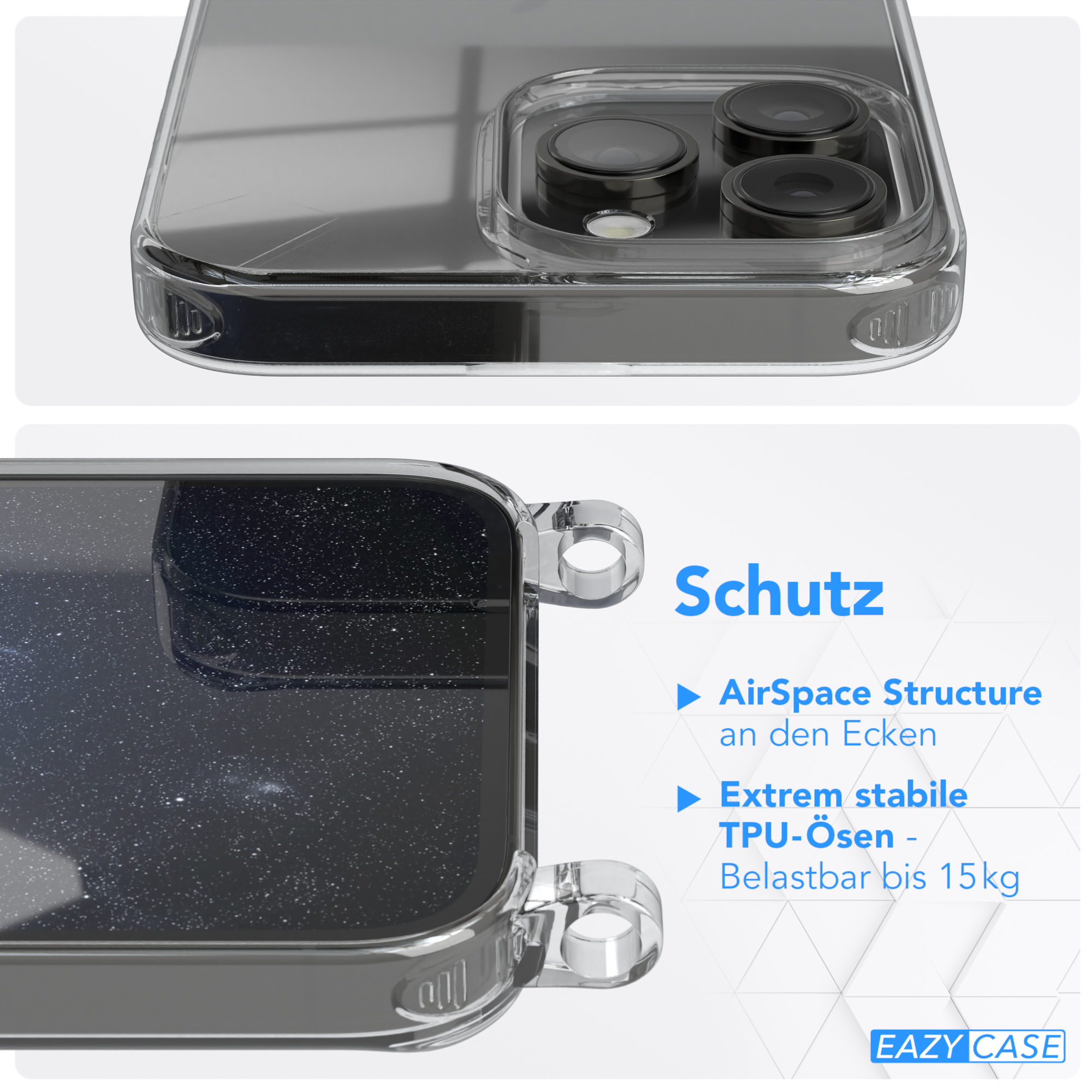 Eine transparente Handyhülle. Das Bild zeigt Details der Ecke und die Schutzfunktionen.