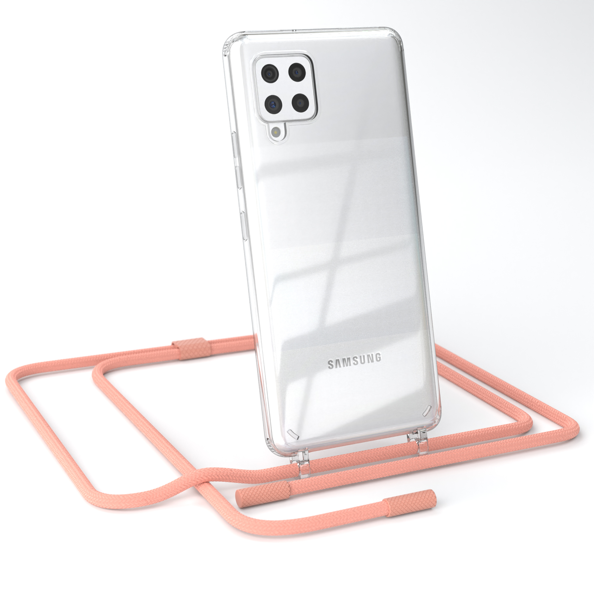 Transparente Handyhülle mit rosa Lanyard, zeigt ein Telefon mit vier Rückkameras.