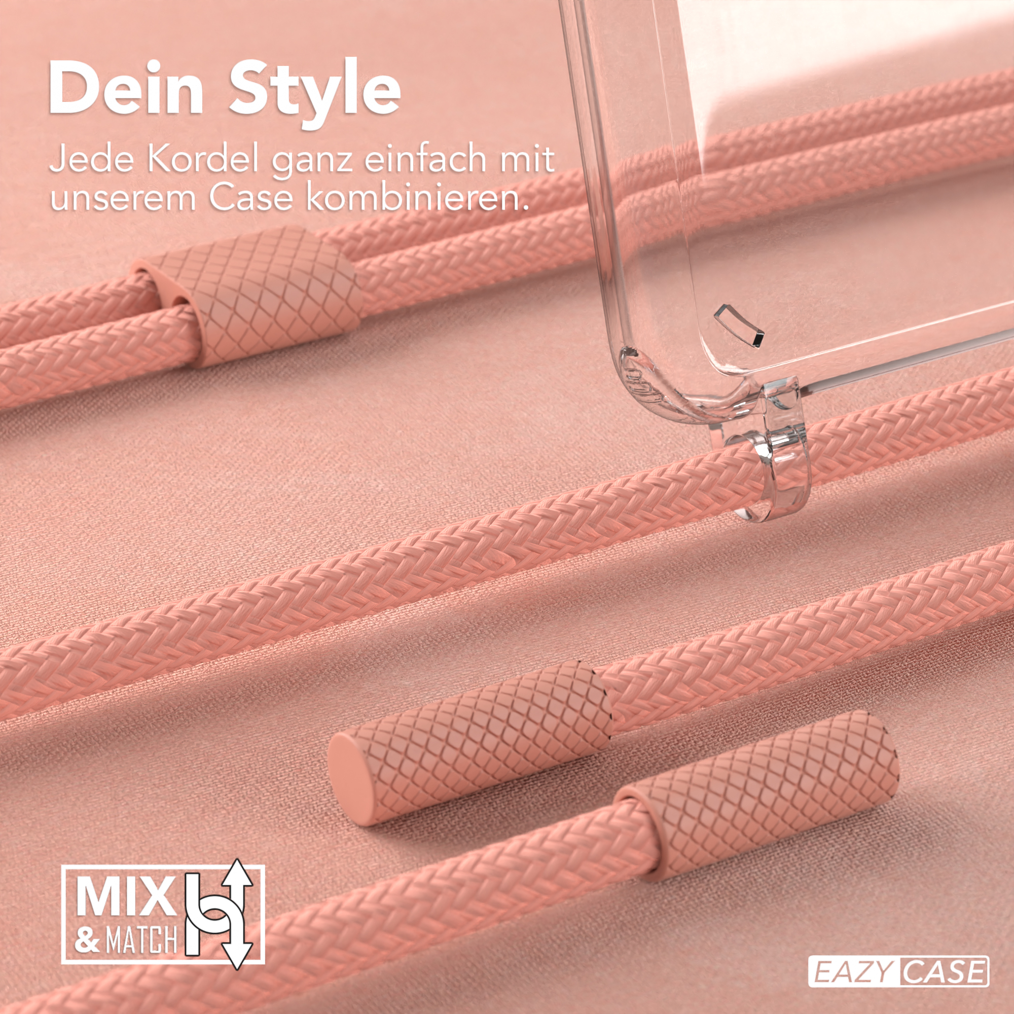 Nahaufnahme von rosa Telefonkordeln und einer transparenten Handyhülle, die ein Mix-and-Match-Konzept zeigt.