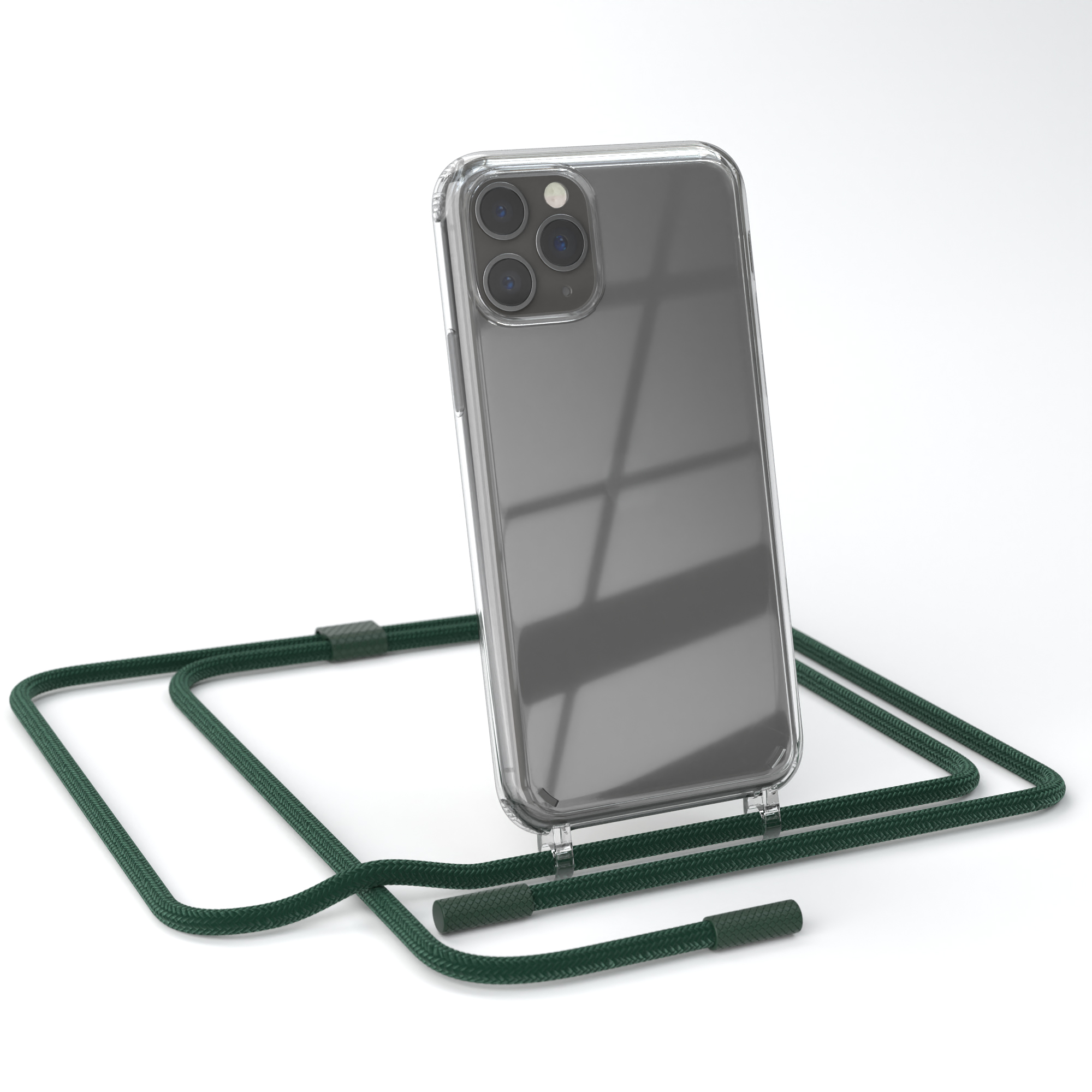Eine transparente Handyhülle mit einem iPhone und einem grünen Umhängeband auf weißem Grund.