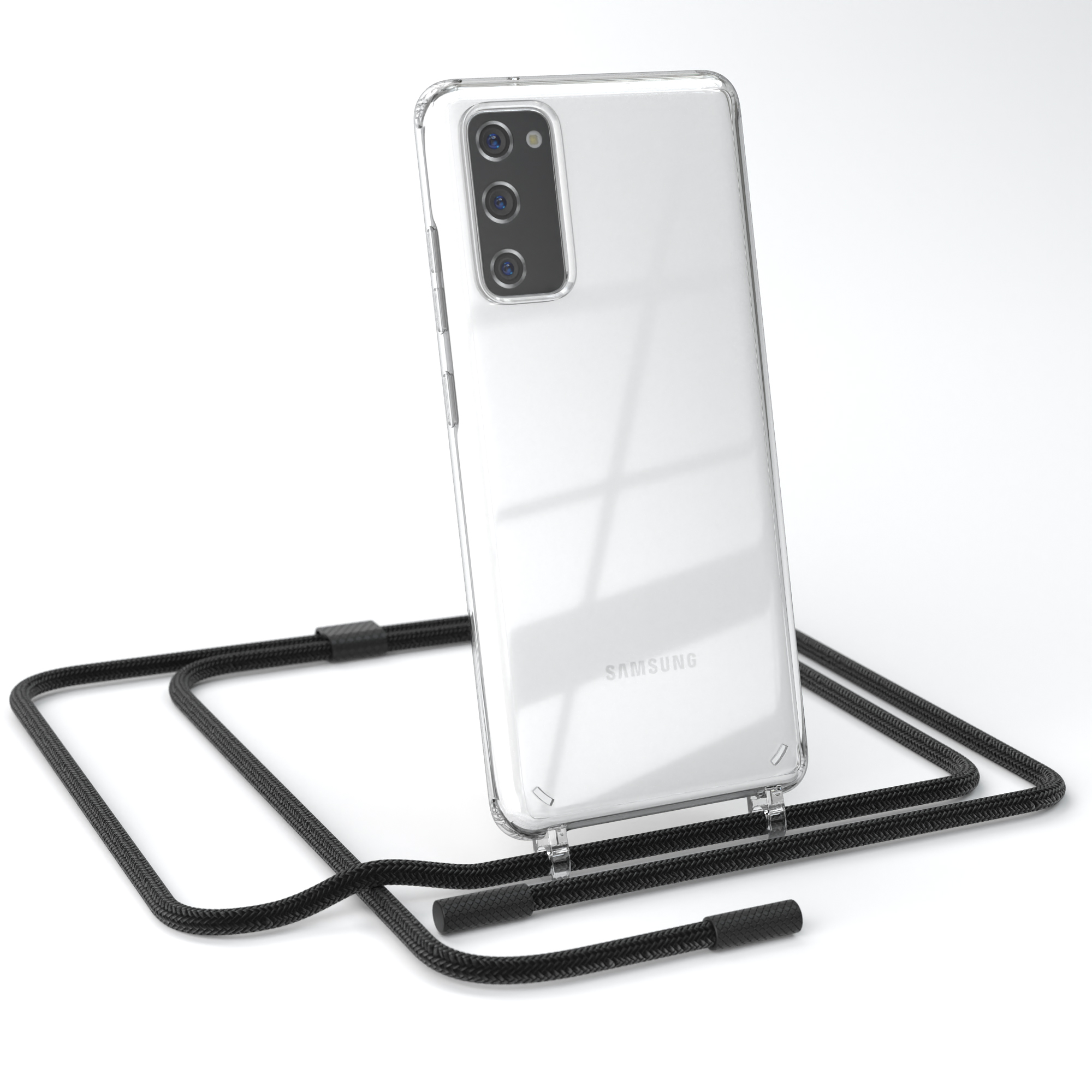 Eine transparente Handyhülle mit schwarzem Band, auf weißem Hintergrund.