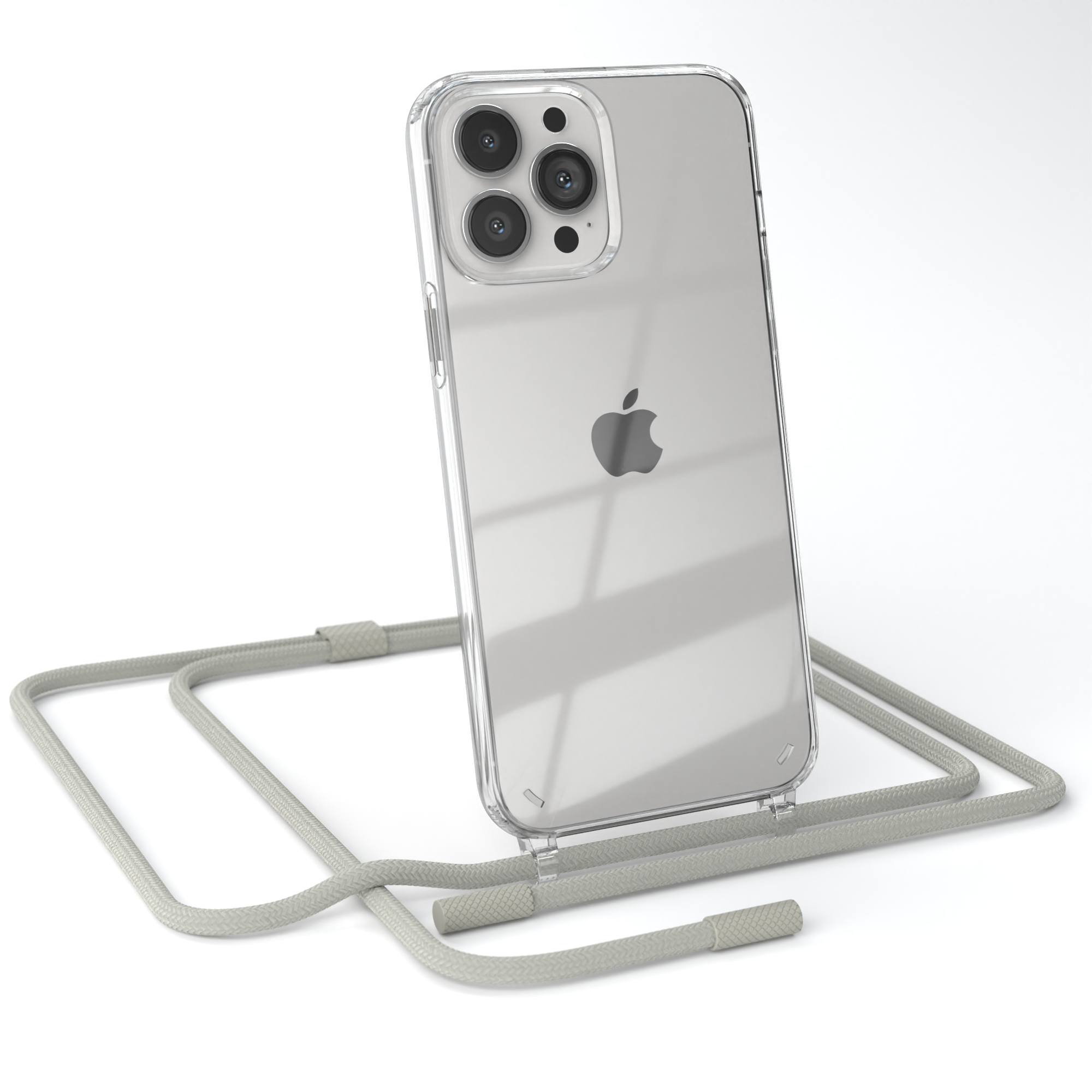 Transparente Handyhülle auf einem Telefon. Graues Umhängeband. Kameralinsen sind sichtbar.