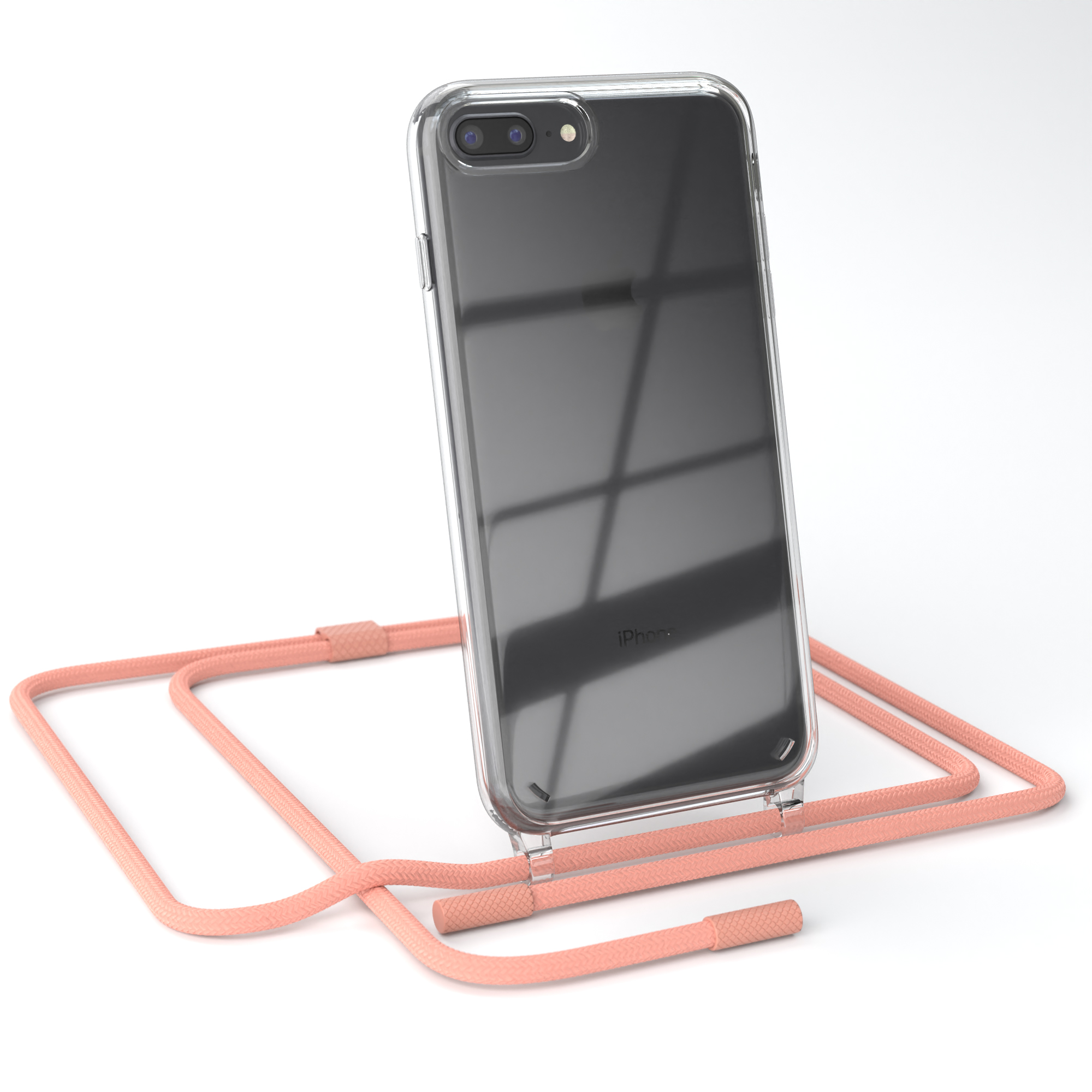 Klares iPhone in einer klaren Hülle mit rosa Kordel. Das Telefon ist nach rechts abgewinkelt, auf weißer Oberfläche.