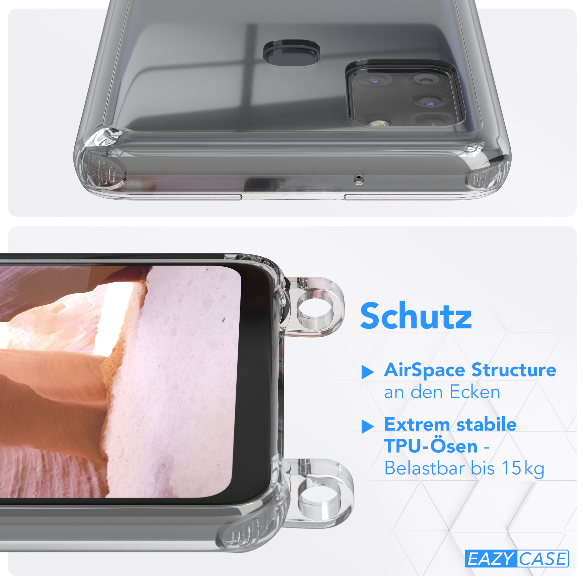 Transparente Handyhülle auf einem schwarzen Telefon. Die Hülle hat verstärkte Ecken zum Schutz.