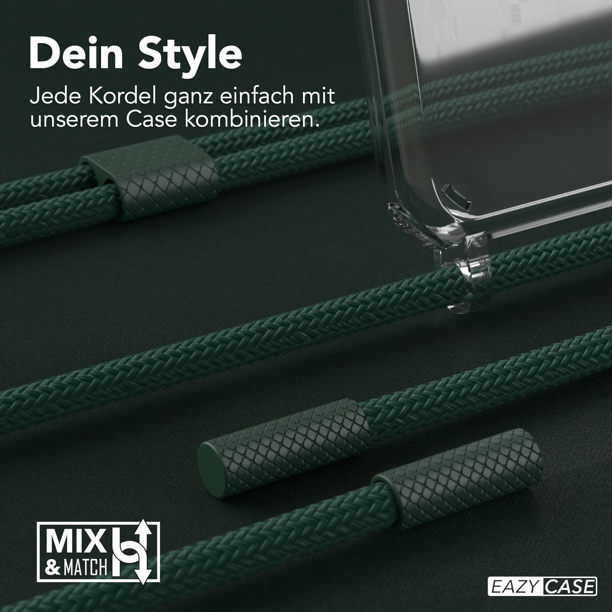 Nahaufnahme von grünen Telefonkordeln neben einer durchsichtigen Handyhülle. Text: „Dein Style“.