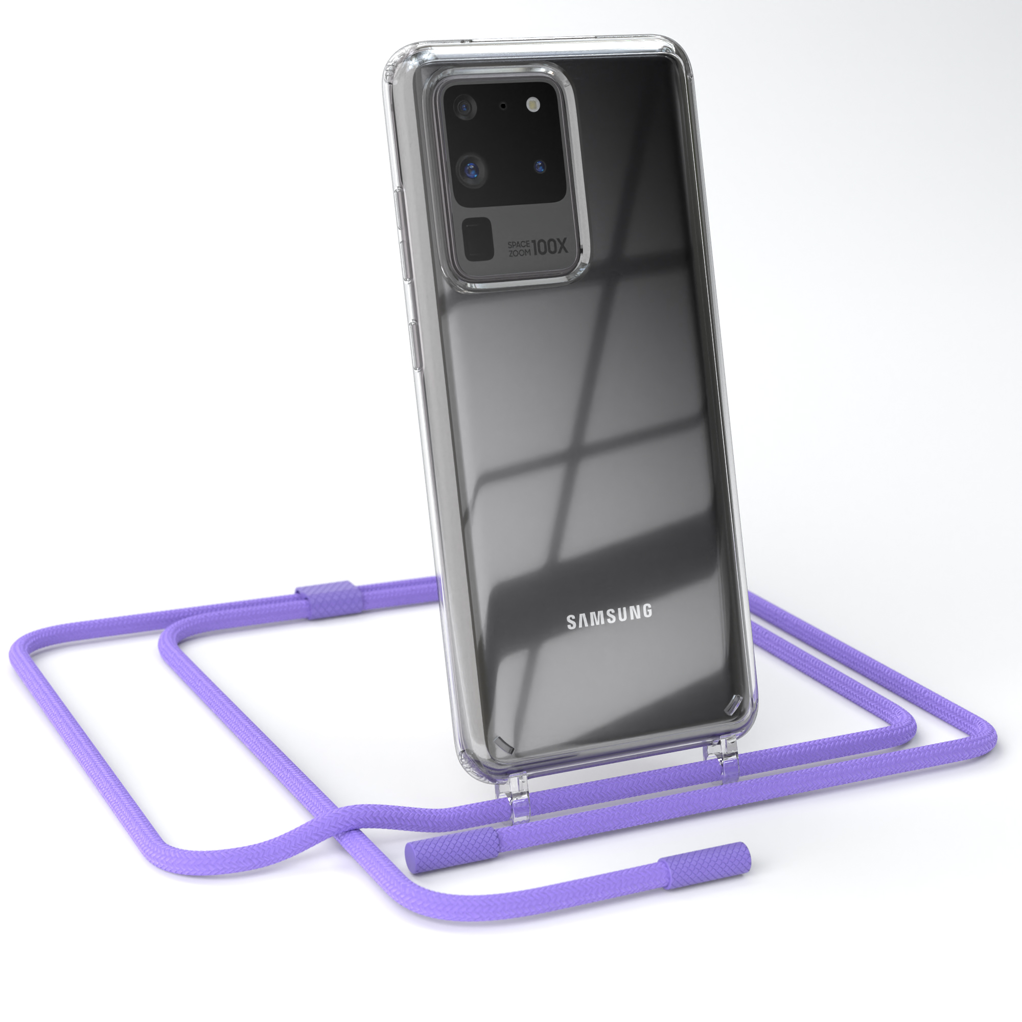 Transparente Handyhülle mit einem Telefon darin. Ein lila Kabel ist an der Hülle befestigt.