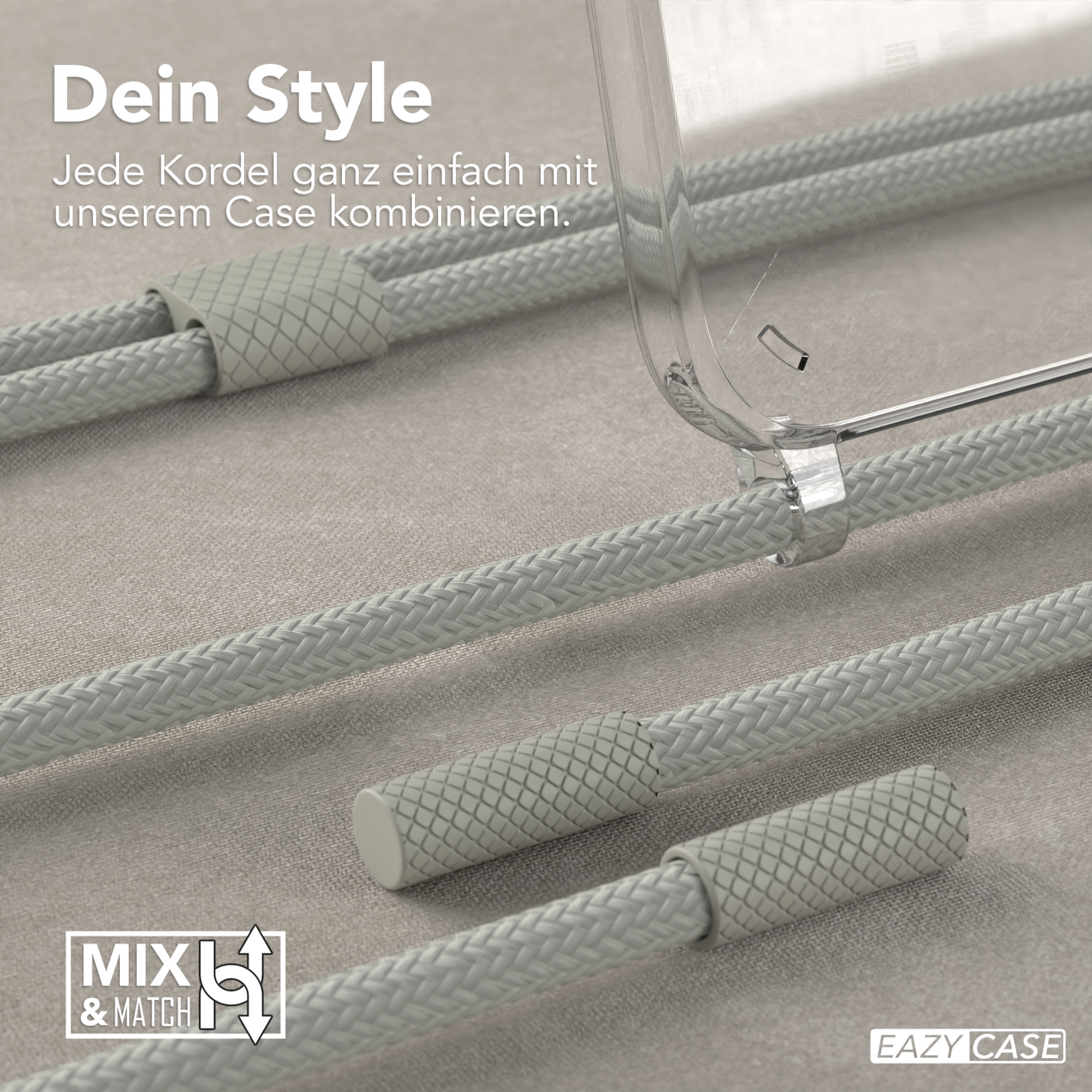 Nahaufnahme einer transparenten Handyhülle mit grauen Kordeln. Text: Mix & Match.