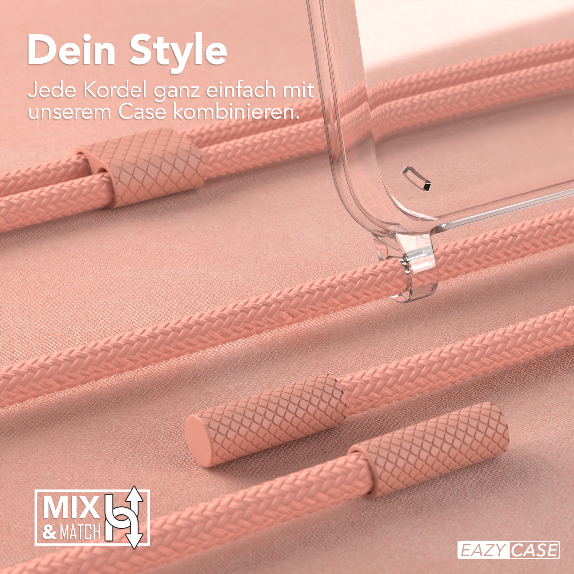 Pinkfarbene Handykordeln mit einer transparenten Handyhülle.