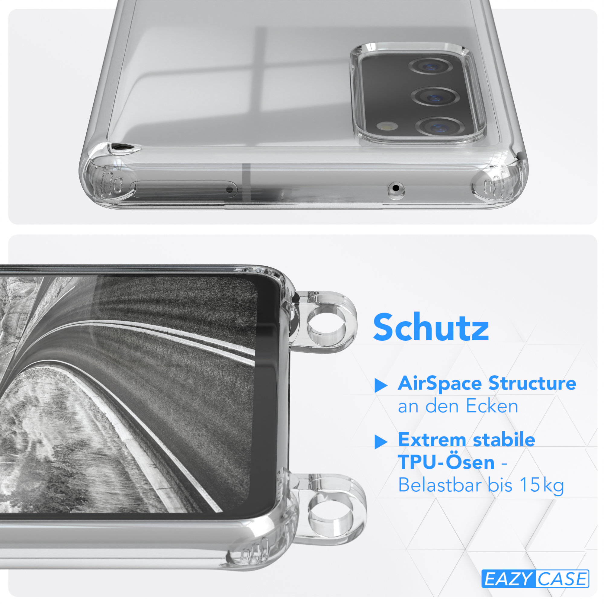 Eine transparente Handyhülle auf einem Telefon, zeigt das Telefon und die Eigenschaften der Hülle, weißer Hintergrund.