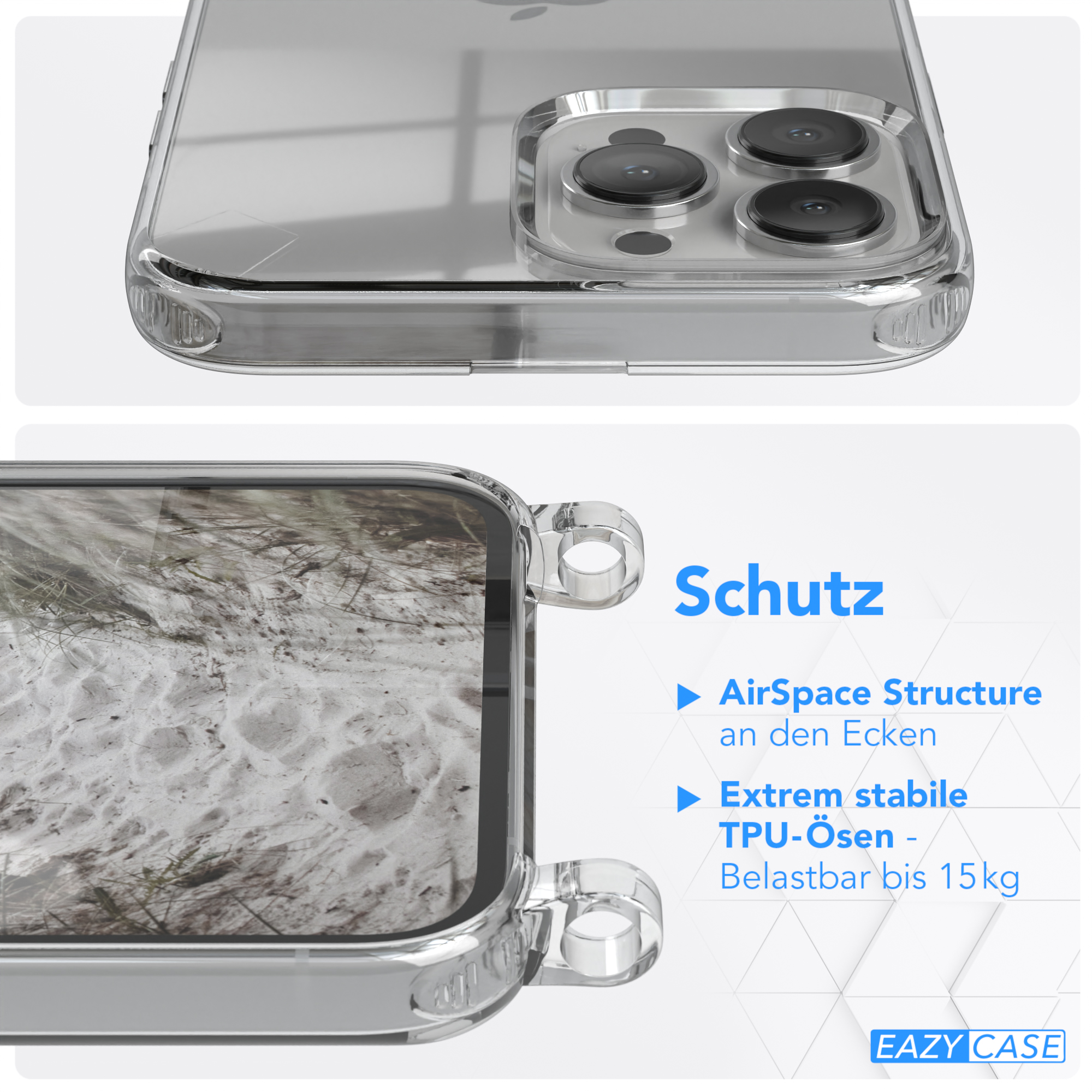 Transparente Handyhülle mit strukturiertem Hintergrund und Schutzmerkmalen.