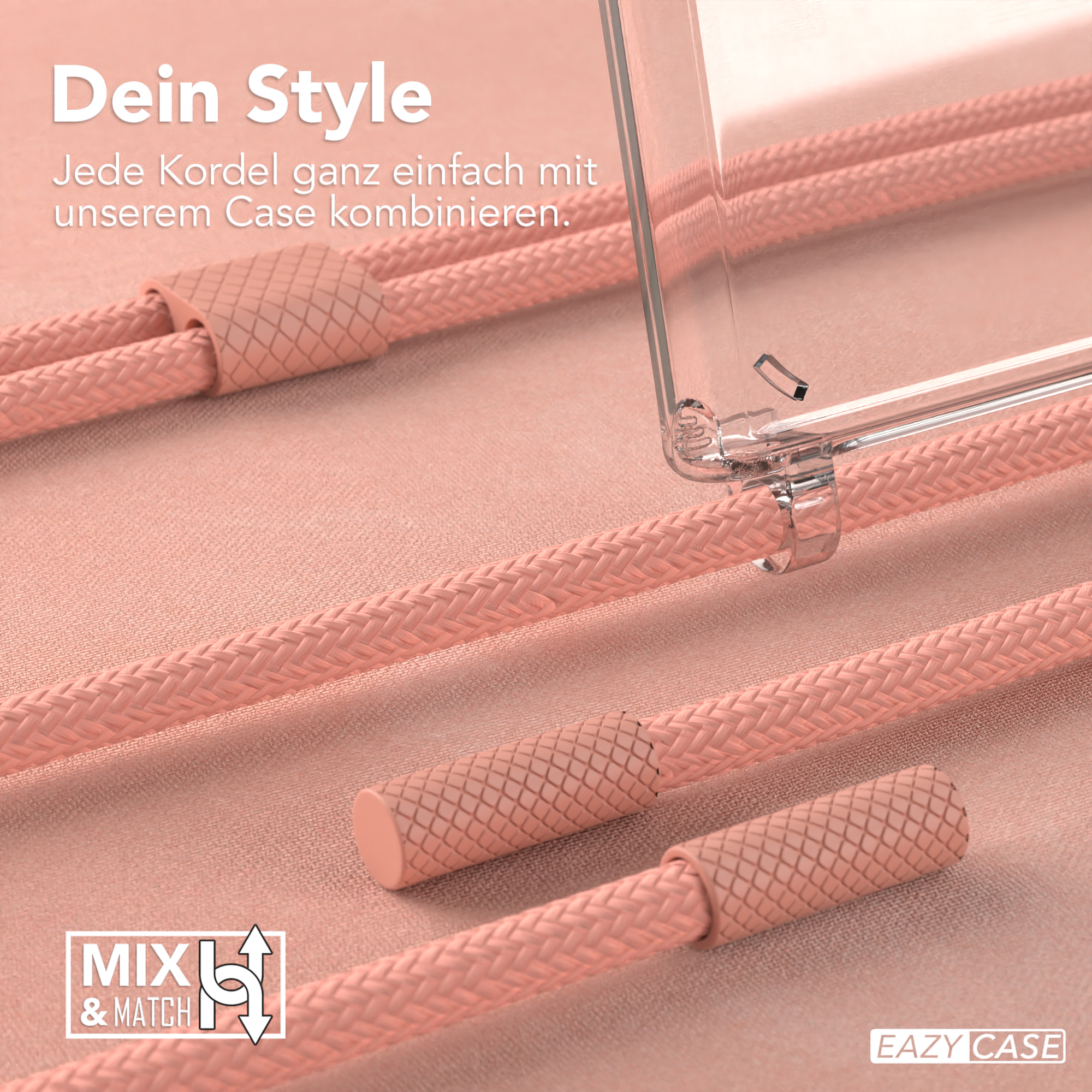 Nahaufnahme von rosa Telefonkabeln und einer Handyhülle. Das Bild zeigt das Produkt Mix & Match.