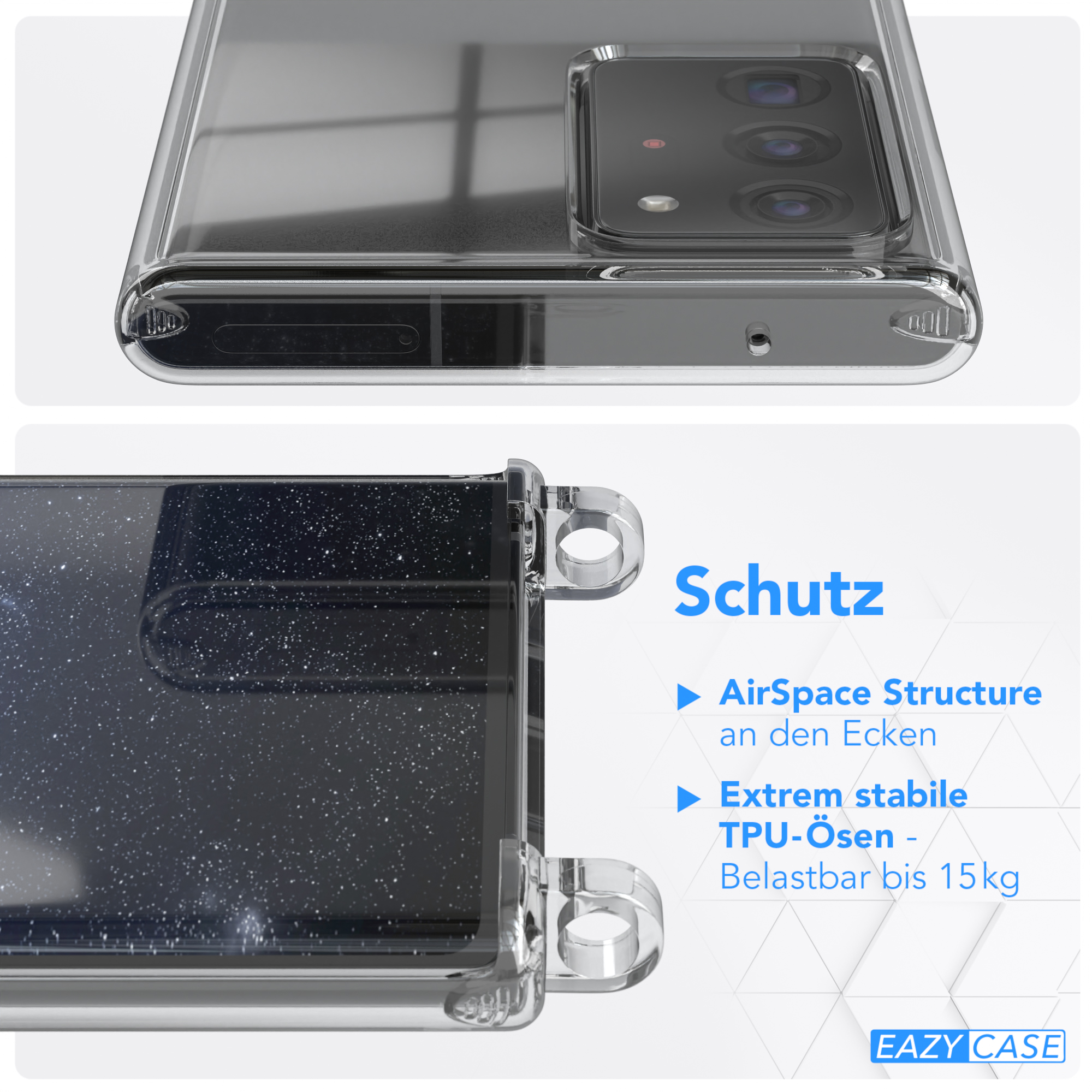 Eine klare Handyhülle schützt ein Telefon. Text beschreibt Funktionen: AirSpace, TPU-Ösen und 15kg.