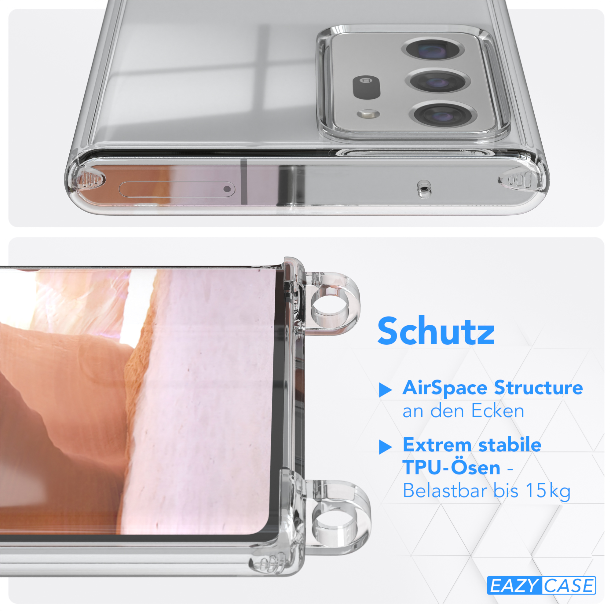 Transparente Handyhülle. Ober- und Seitenansicht. Text: AirSpace Structure, Extrem stabile TPU-Ösen - Belastbar bis 15kg.