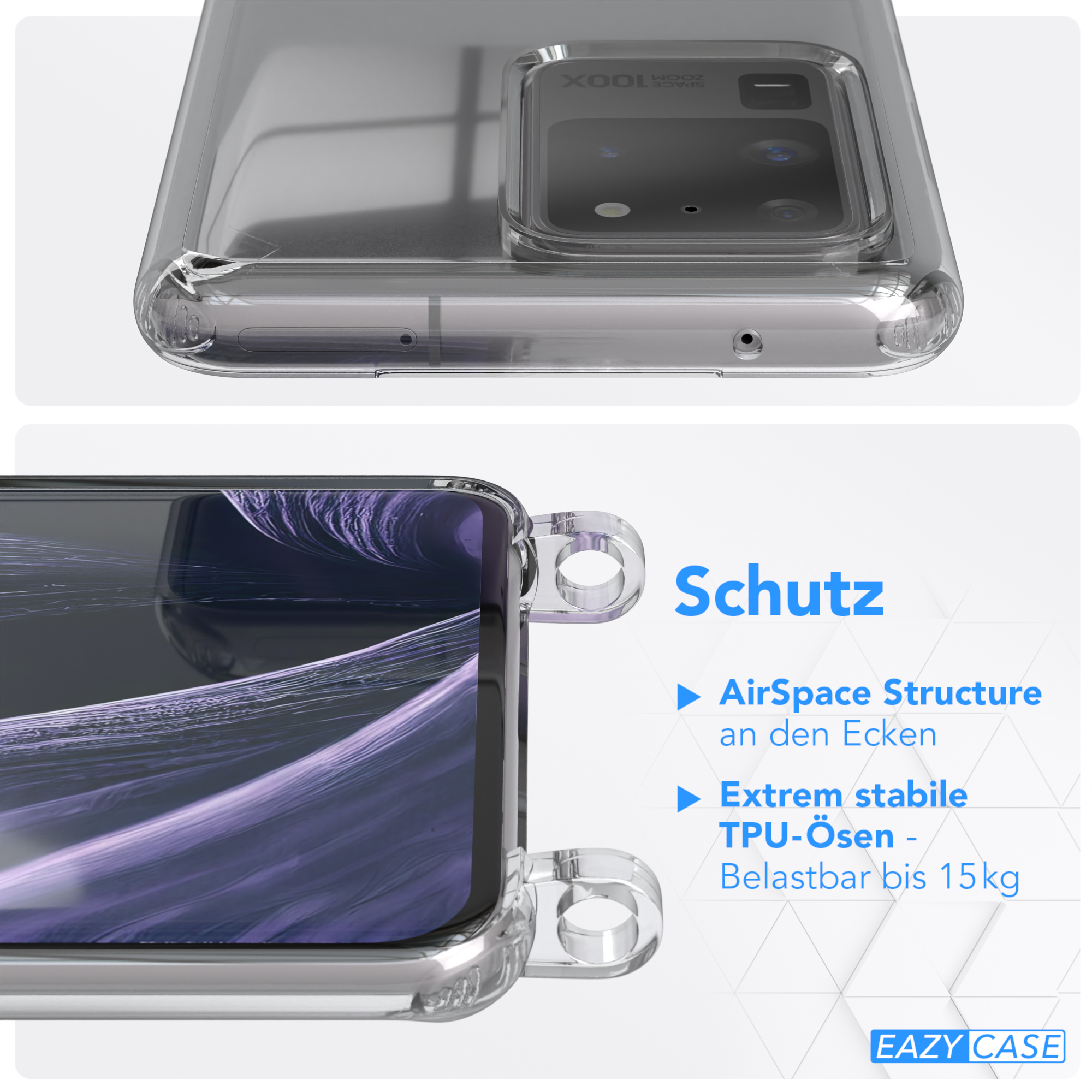 Transparente Handyhülle mit verstärkten Ecken. Zeigt Ober- und Seitenansicht. Text: 'Schutz' und 'AirSpace'.