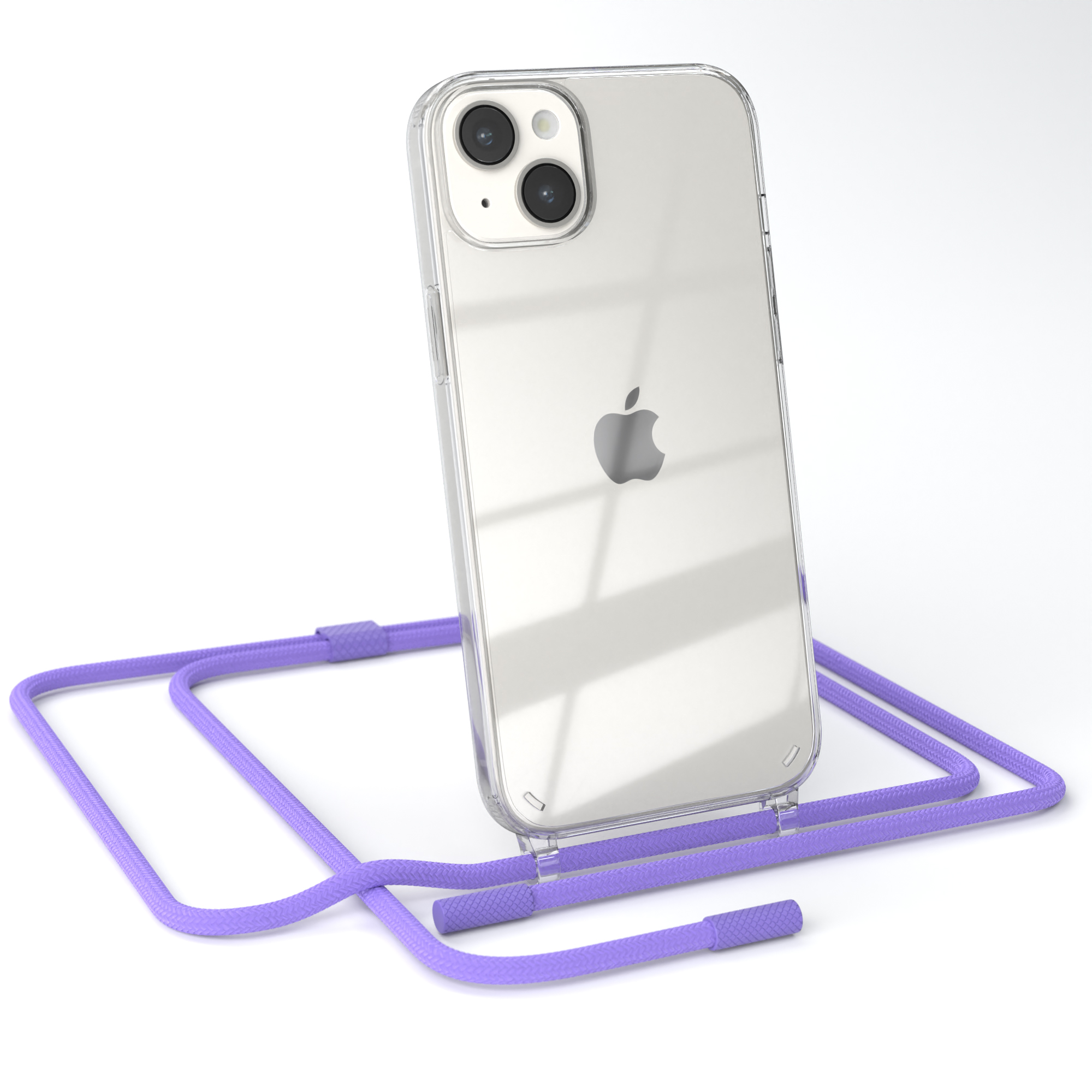 Transparente Handyhülle mit Lavendelschnur. Apple-Logo sichtbar. Weißer Hintergrund.