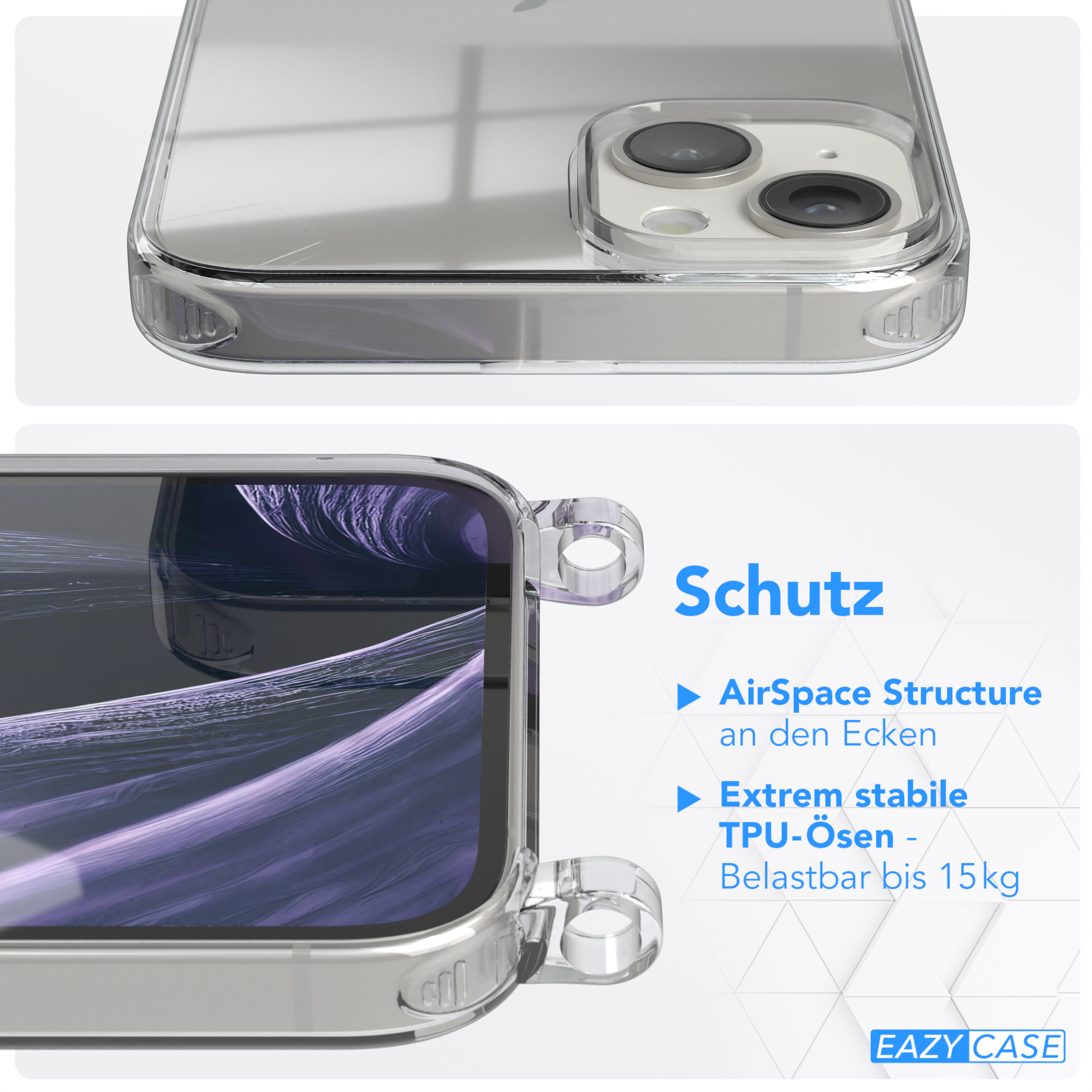 Transparente Handyhülle mit verstärkten Ecken. Zeigt Ober- und Seitenansicht. Text: 'Schutz' und 'AirSpace'.