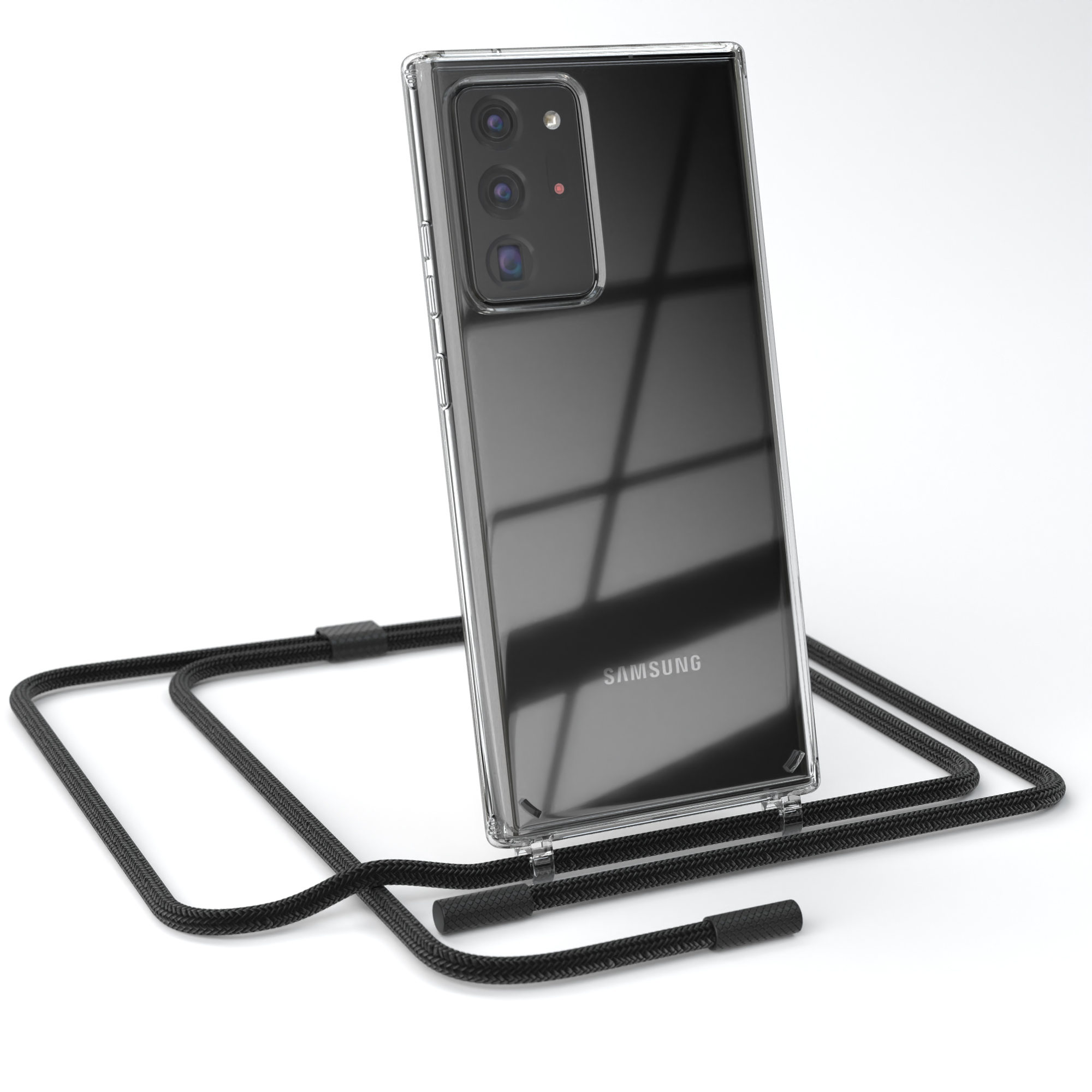 Transparente Handyhülle mit schwarzem Gurt. Das Telefon hat eine Dreifach-Kamera.