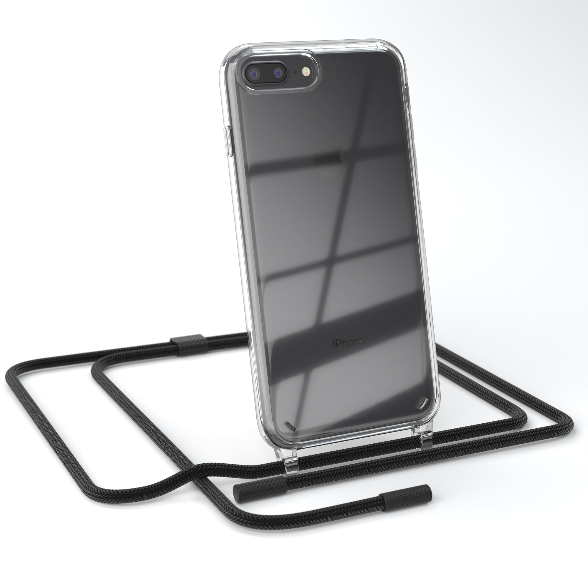 Transparente Handyhülle mit schwarzem Riemen. iPhone sichtbar. Weißer Hintergrund.