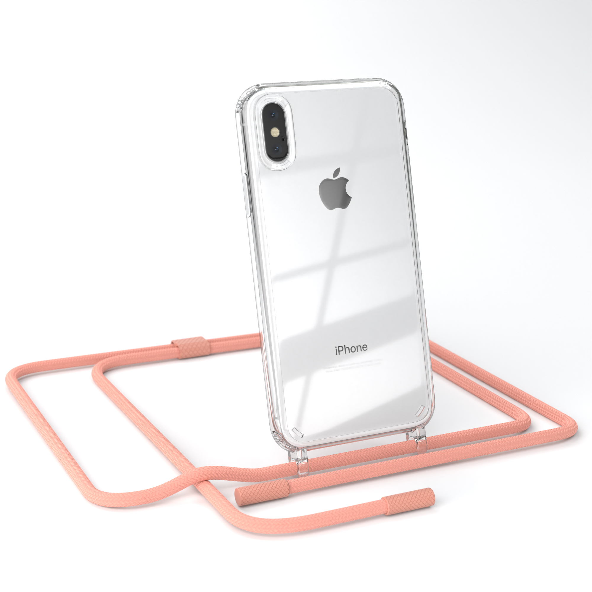 Eine transparente Handyhülle mit rosa Band, auf weißem Hintergrund.