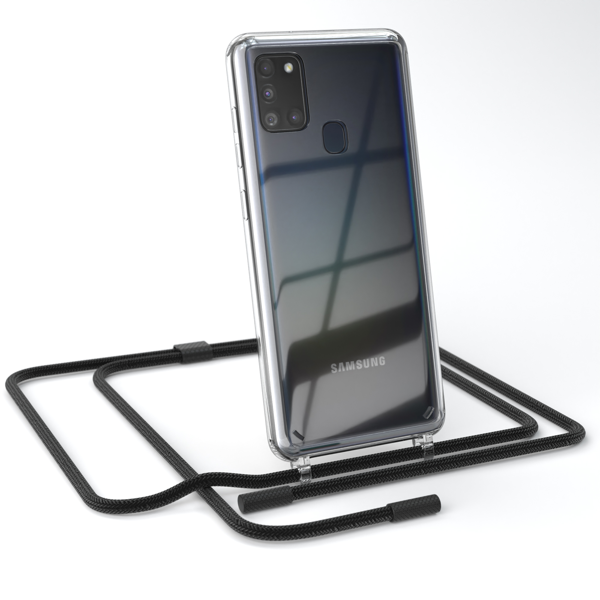 Eine transparente Handyhülle mit schwarzem Umhängeband und einem Telefon darin, nach rechts geneigt.
