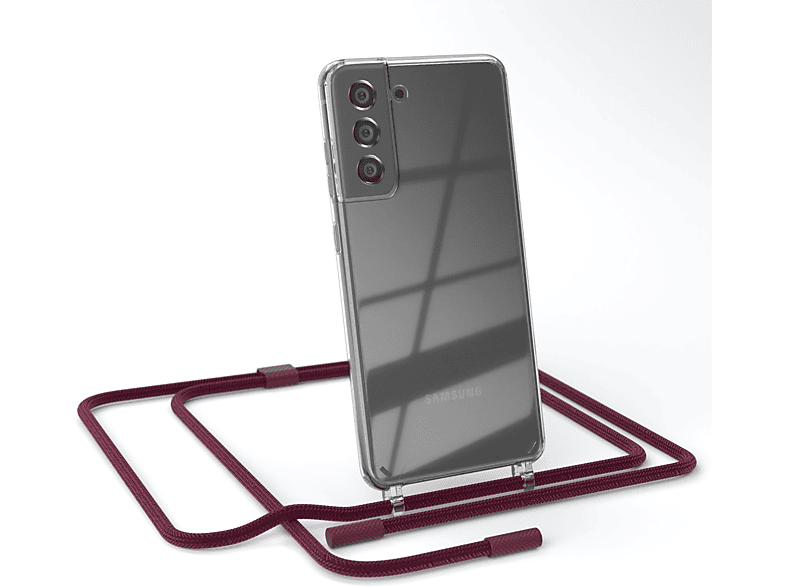 EAZY CASE Transparente Handyhülle mit runder Kette unifarbend, Umhängetasche, Samsung, Galaxy S21 FE 5G, Beere / Bordeaux Rot | Handyketten
