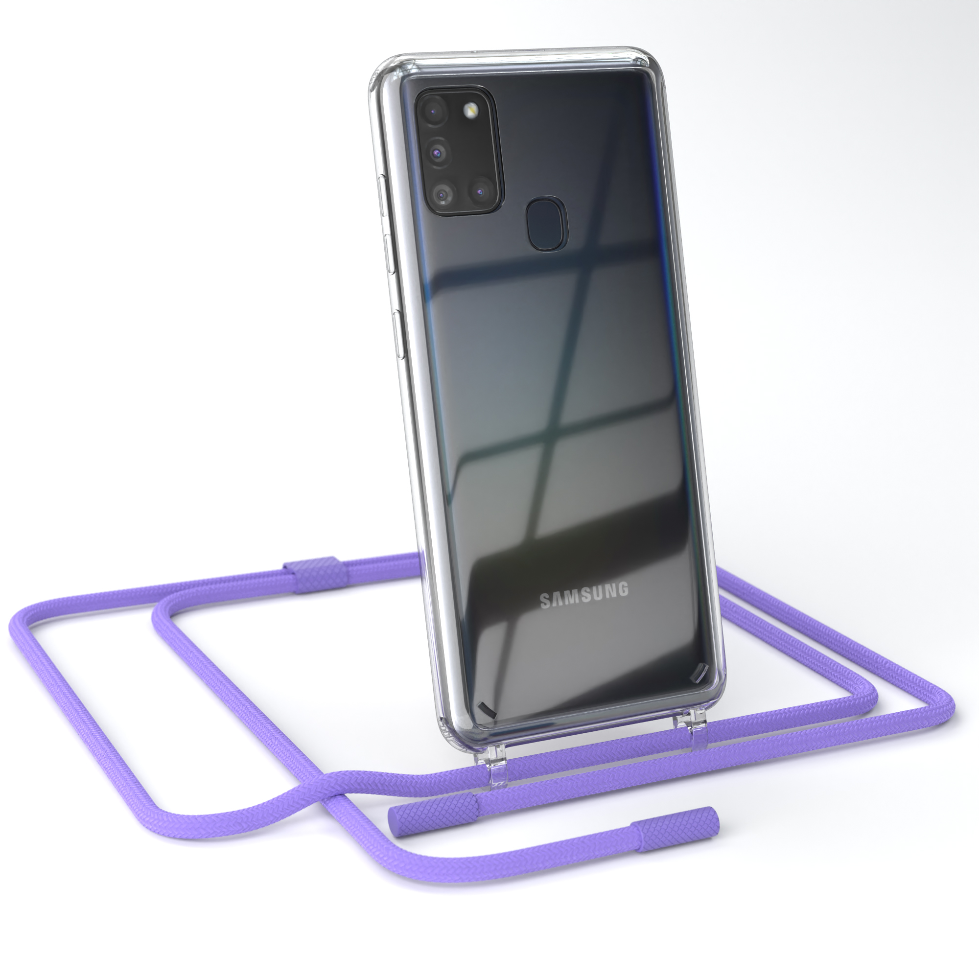 Transparente Handyhülle auf einem Samsung-Handy mit lila Umhängeband. Weißer Hintergrund.