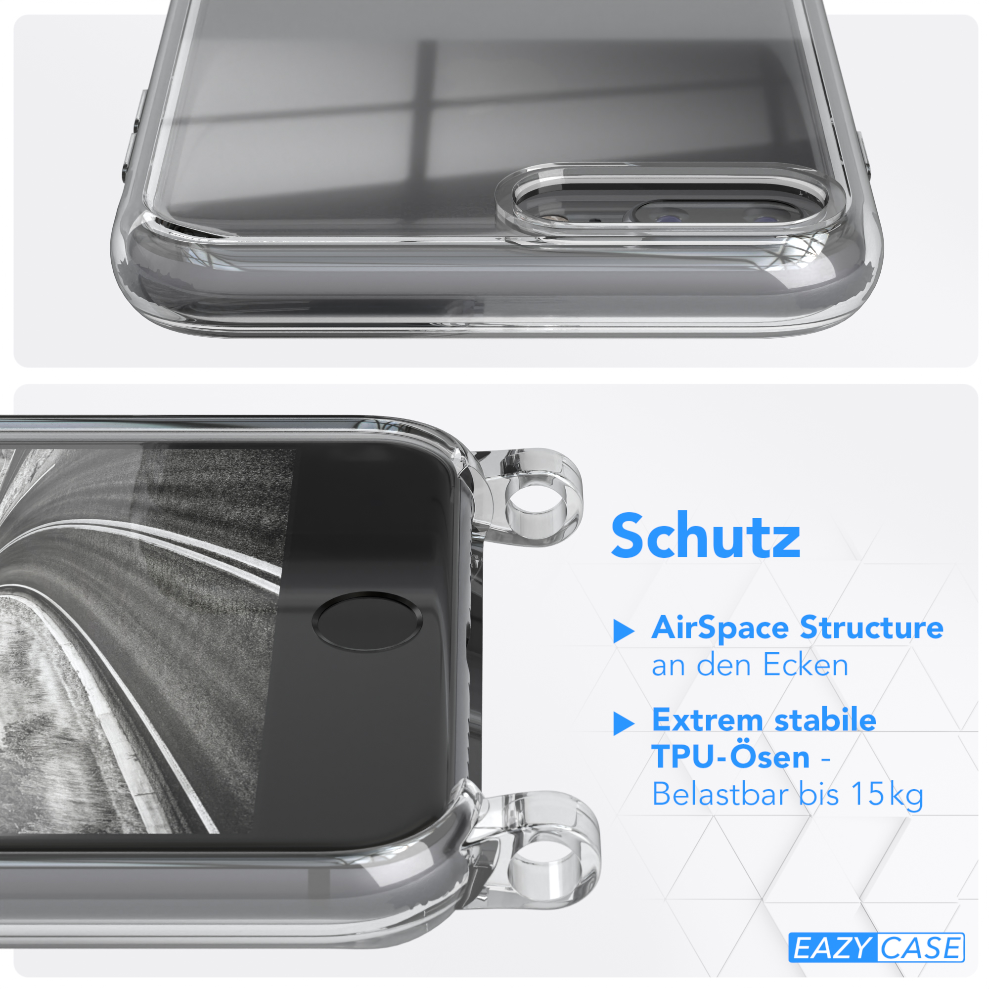 Eine transparente Handyhülle mit einem Telefon darin, die Struktur und die Schutzfunktionen zeigend.