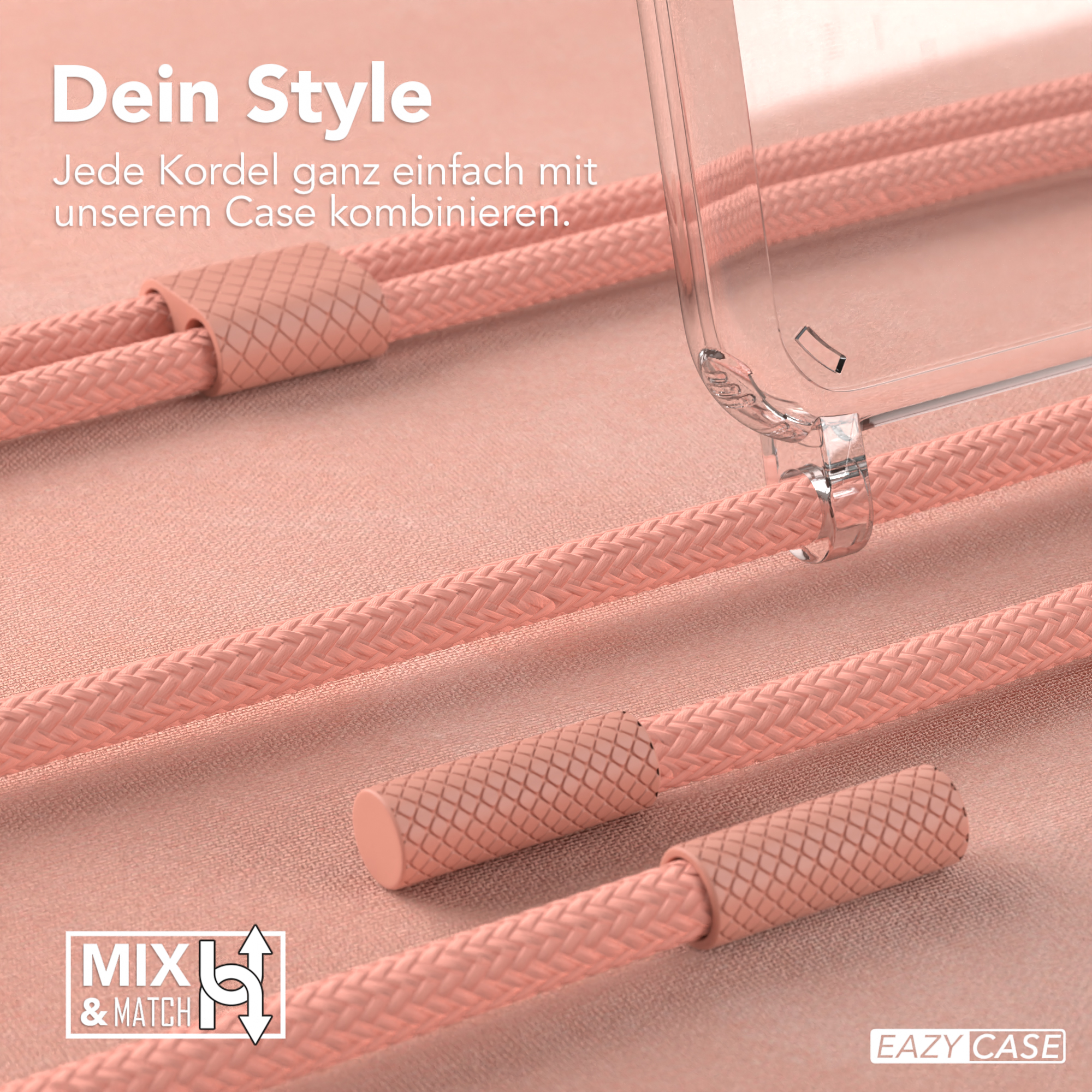 Nahaufnahme von pinkfarbenen Telefonschnüren und einer durchsichtigen Handyhülle. Hintergrund ist pink.