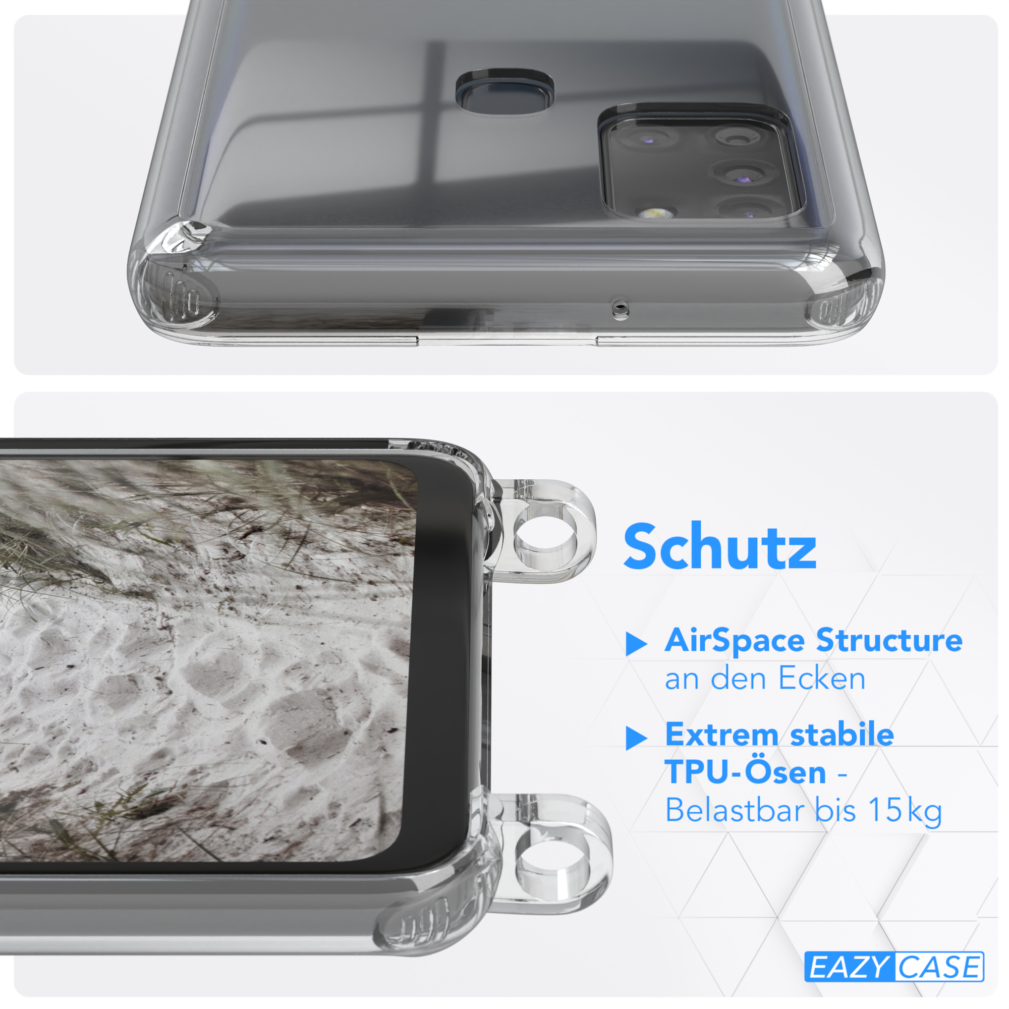 Taupe Kette Handyhülle CASE / Samsung, Transparente Beige A21s, unifarbend, EAZY Galaxy Umhängetasche, runder Grau mit