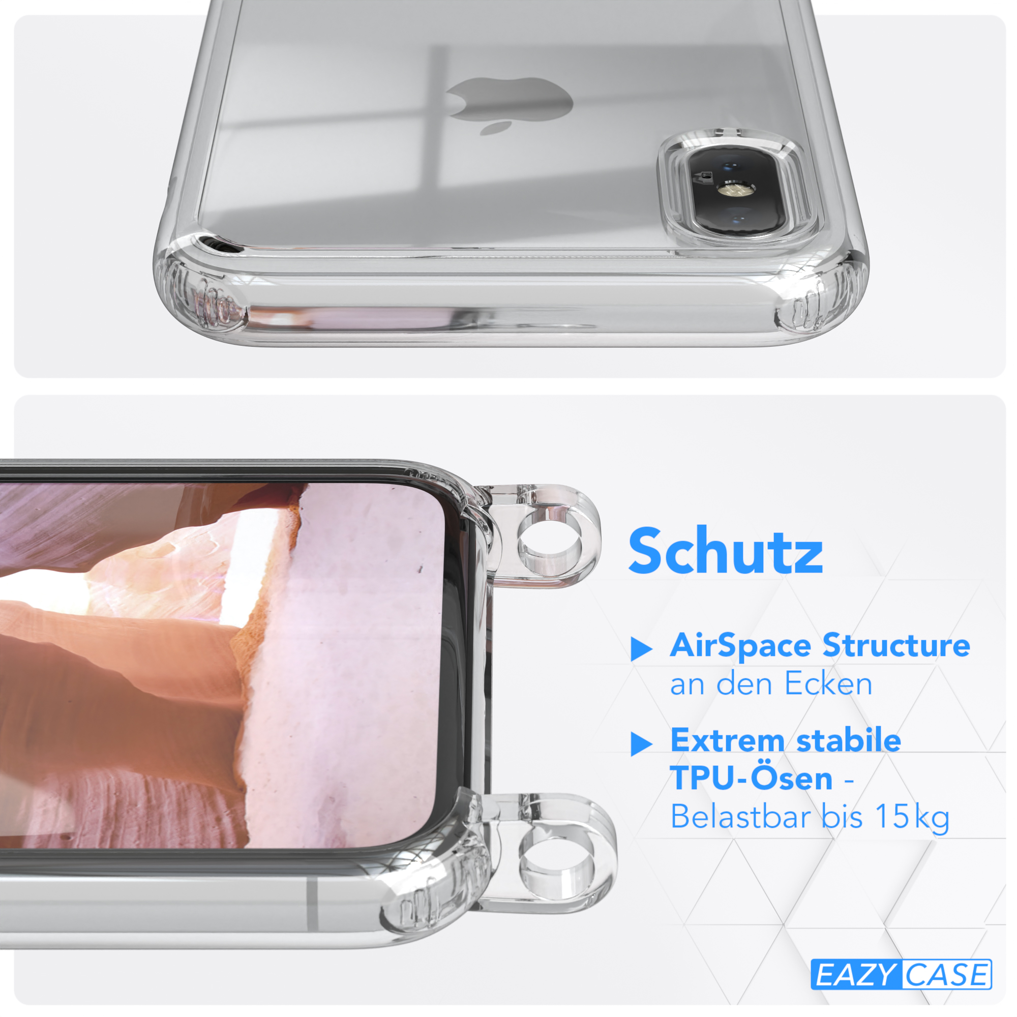 Smartphone in klarer Schutzhülle, Nahaufnahme der Schutzmerkmale der Hülle.