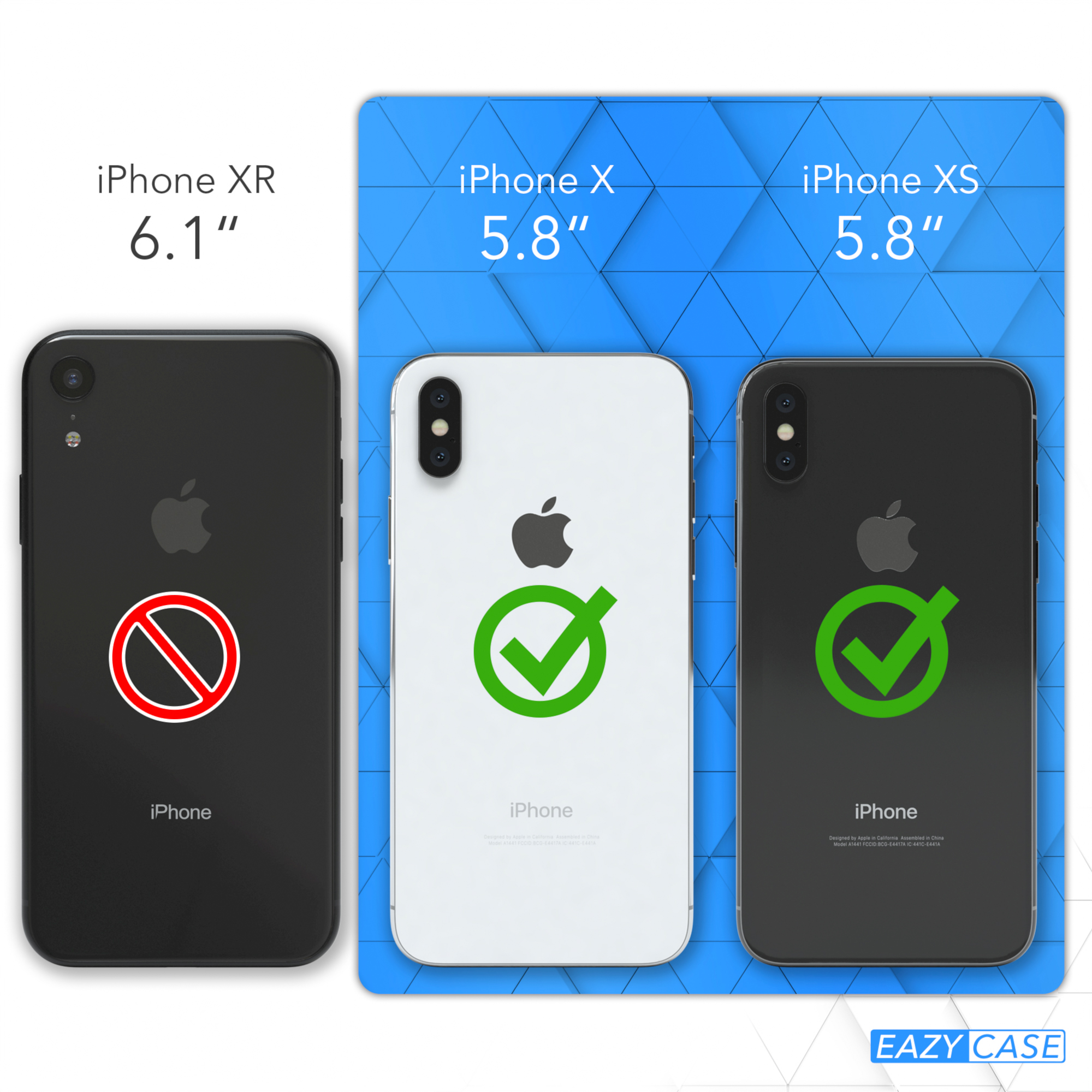 Drei iPhones: XR, X und XS. XR hat ein Verbotsschild, X und XS haben Haken.