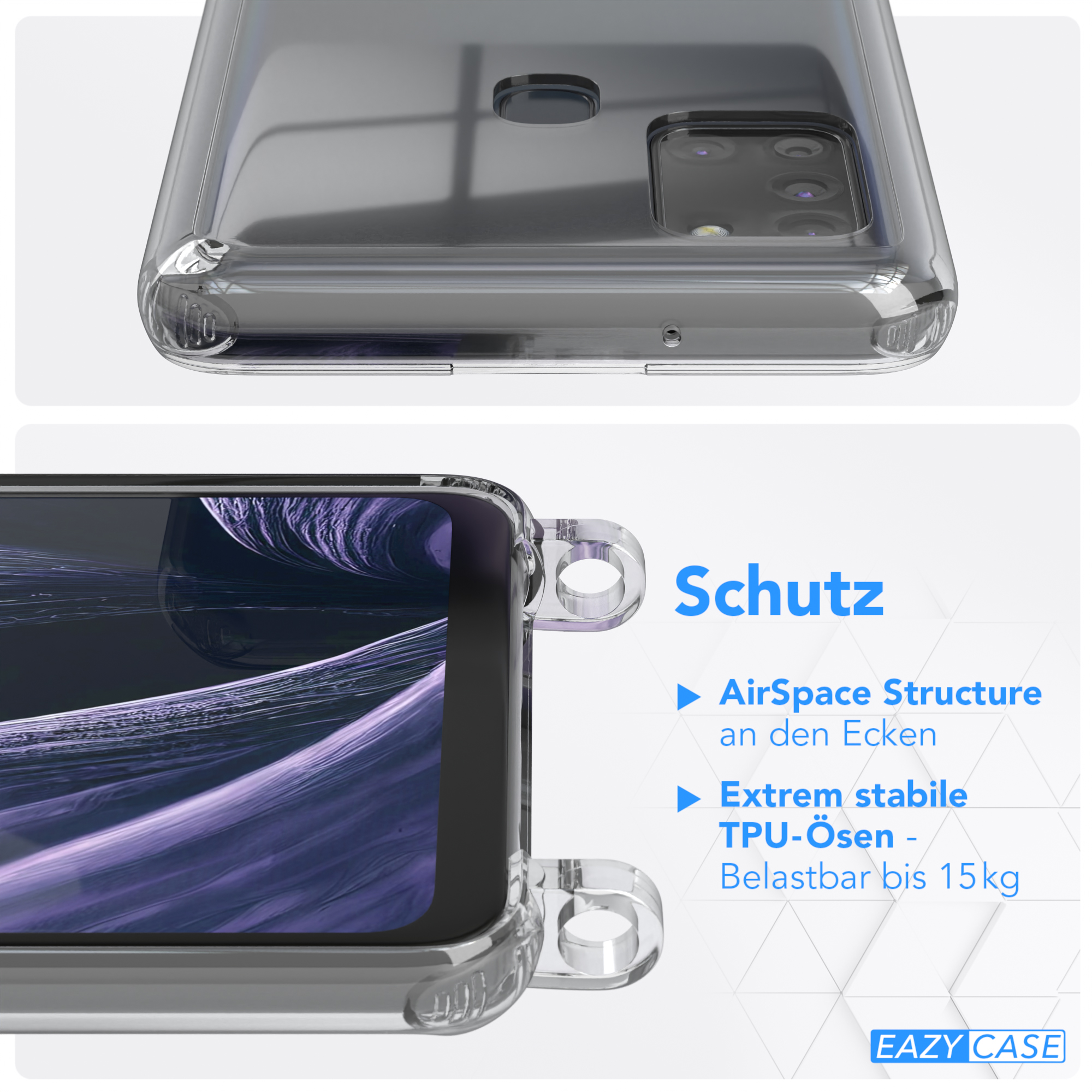 Eine transparente Handyhülle auf einem Telefon mit teilweise sichtbarem Bildschirm. Text auf der Hülle erwähnt "AirSpace Structure".