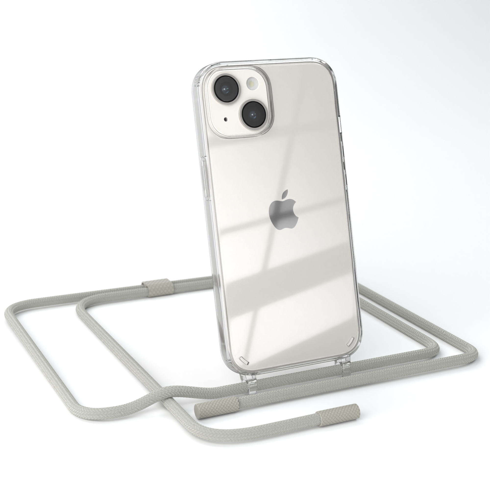 Transparente Handyhülle auf weißem iPhone. Graues Kabel. Weißer Hintergrund.