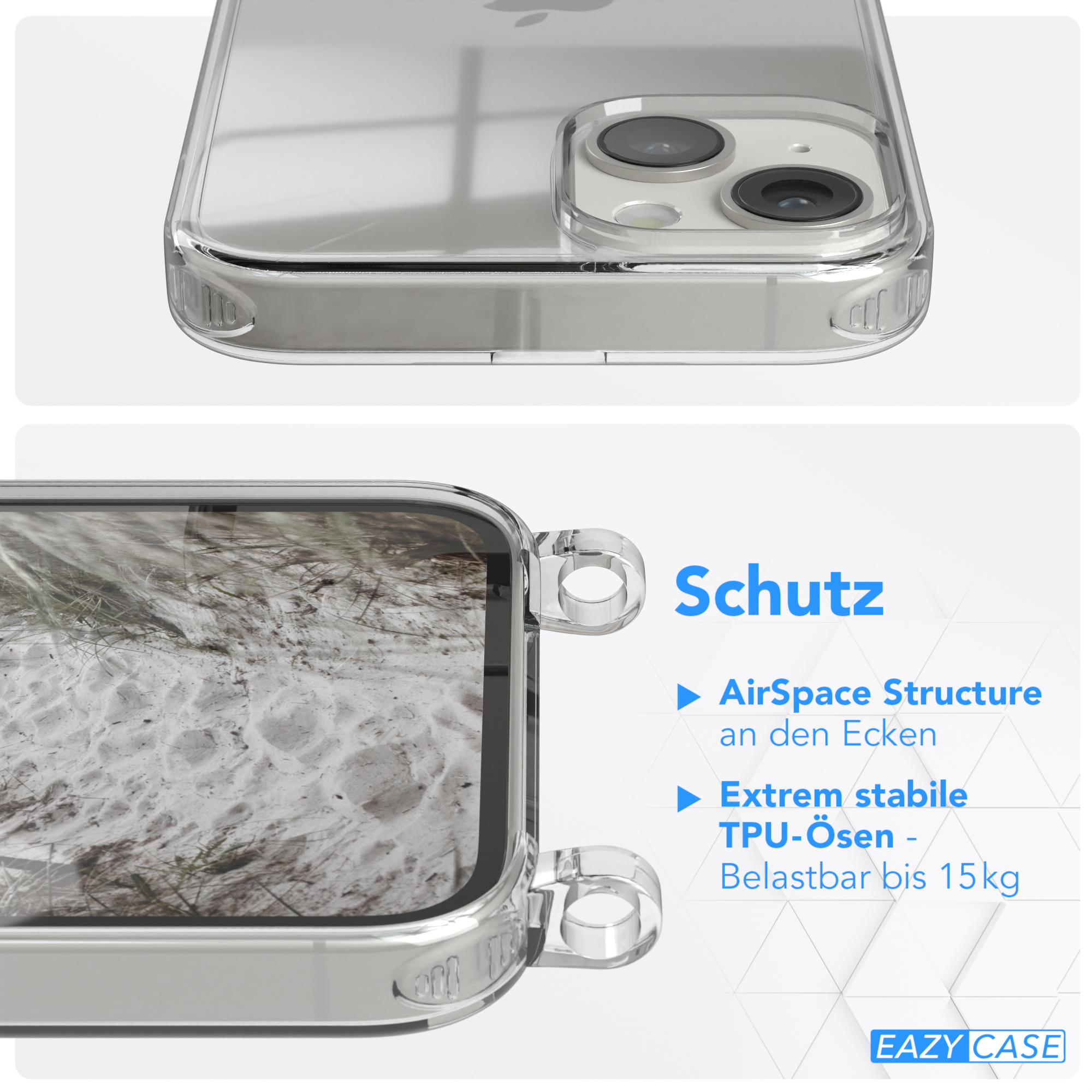 unifarbend, CASE EAZY Transparente Kette / runder Umhängetasche, Grau mit iPhone Beige Taupe Apple, 14, Handyhülle