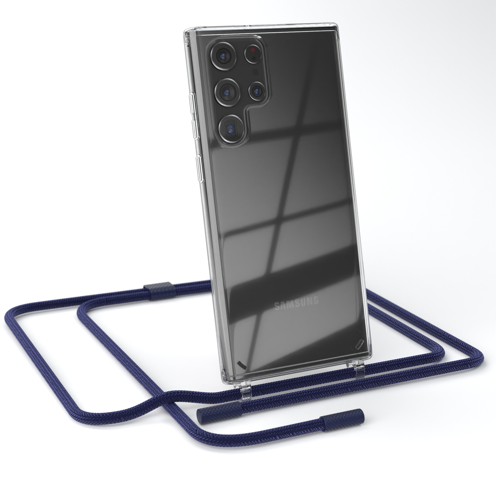 Transparente Handyhülle mit marineblauem Umhängeband auf weißem Hintergrund. Samsung-Logo sichtbar.