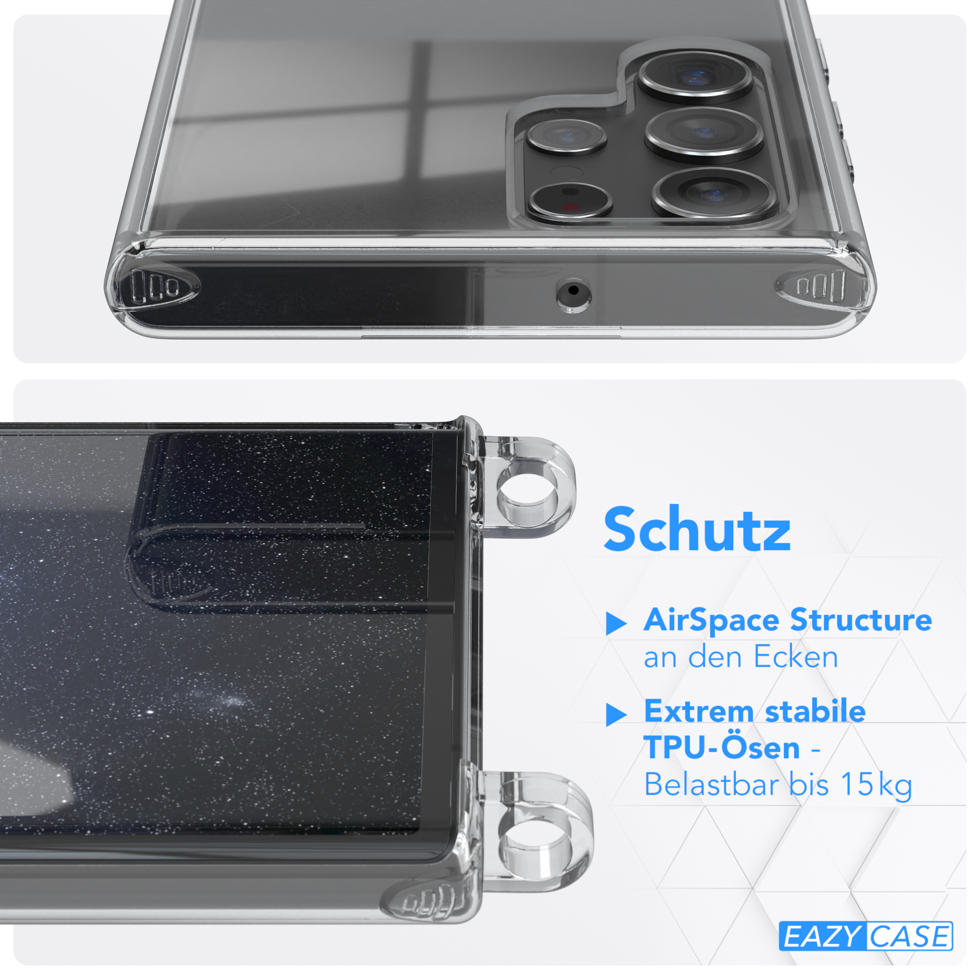 Transparente Handyhülle mit dunklem Innendesign. Text zu Funktionen steht rechts.