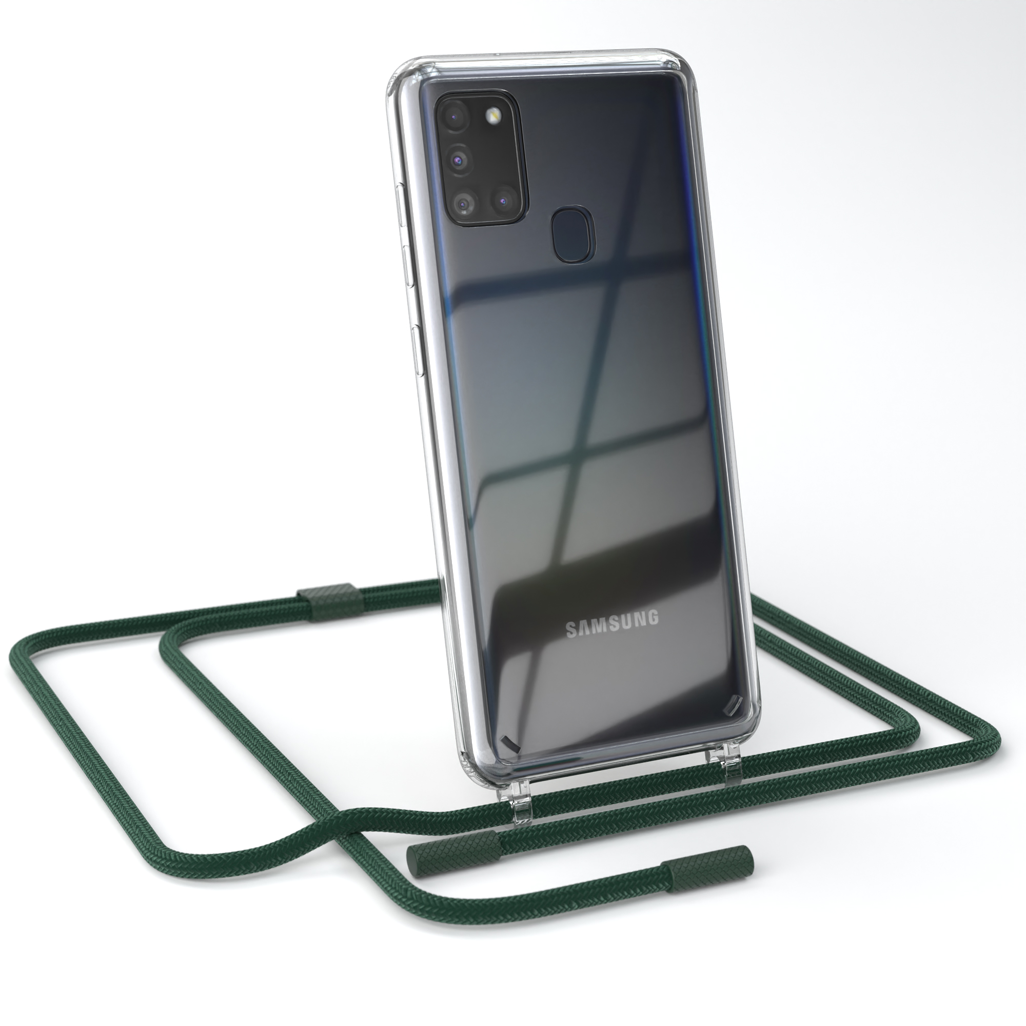 Transparente Handyhülle mit grünem Band, Samsung-Telefon sichtbar. Weißer Hintergrund.