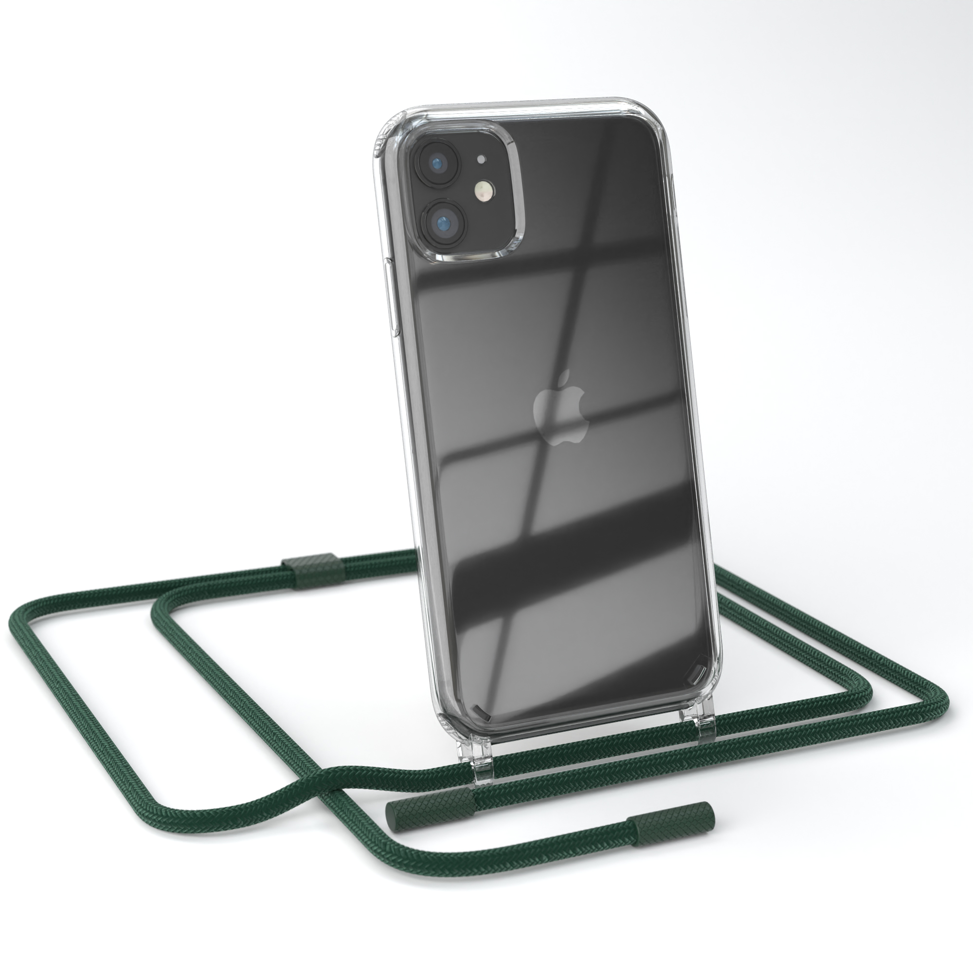 Transparente Handyhülle auf iPhone 12 mit grünem Handygurt, isoliert auf weißem Hintergrund.