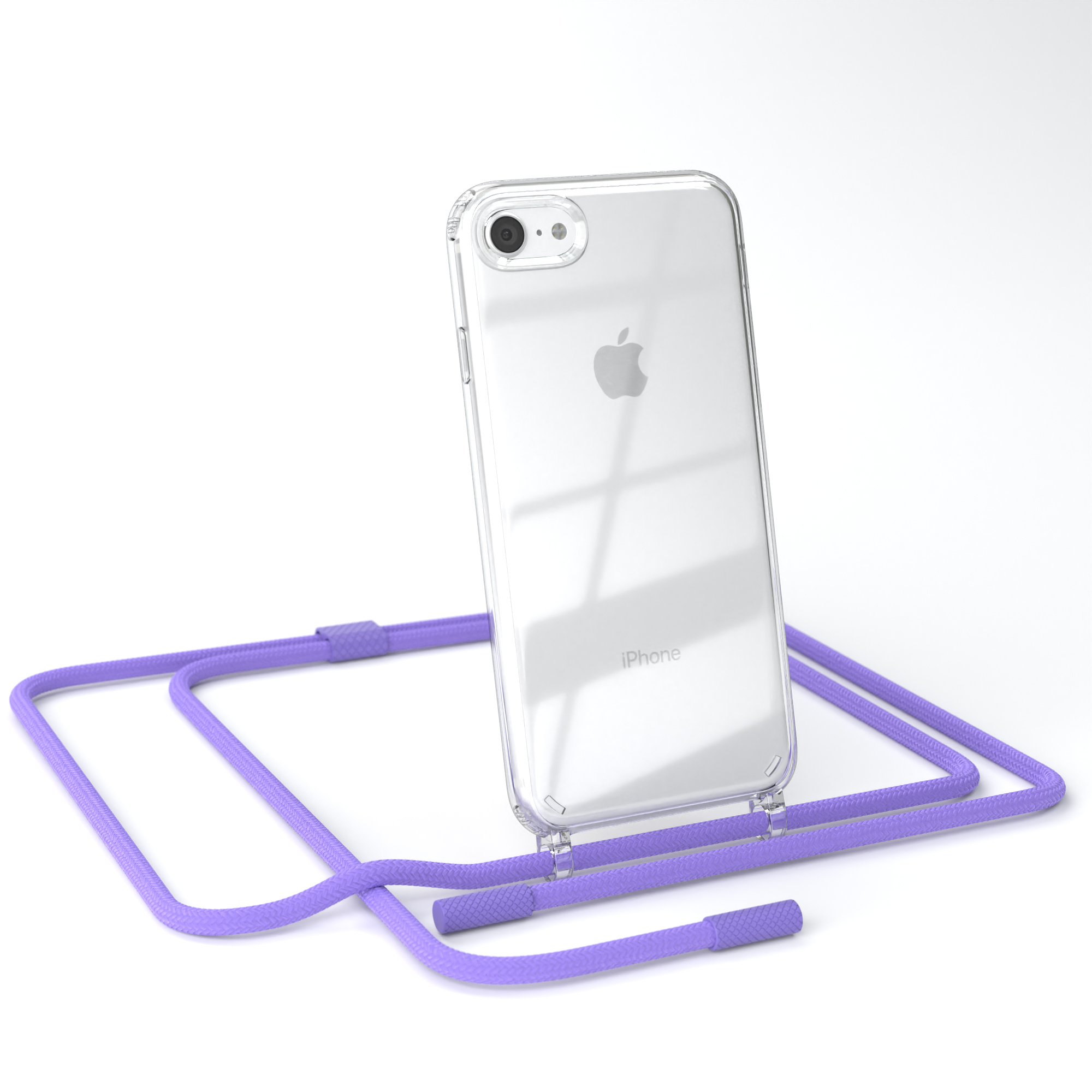Transparente Handyhülle mit lila Seil. Ein iPhone befindet sich in der Hülle. Das Seil dient zum Tragen des Telefons.